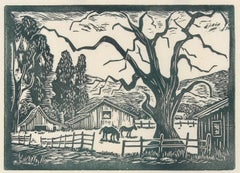 Monochromatic Bay Area Ranch Landscape, Linocut, Circa 1940s