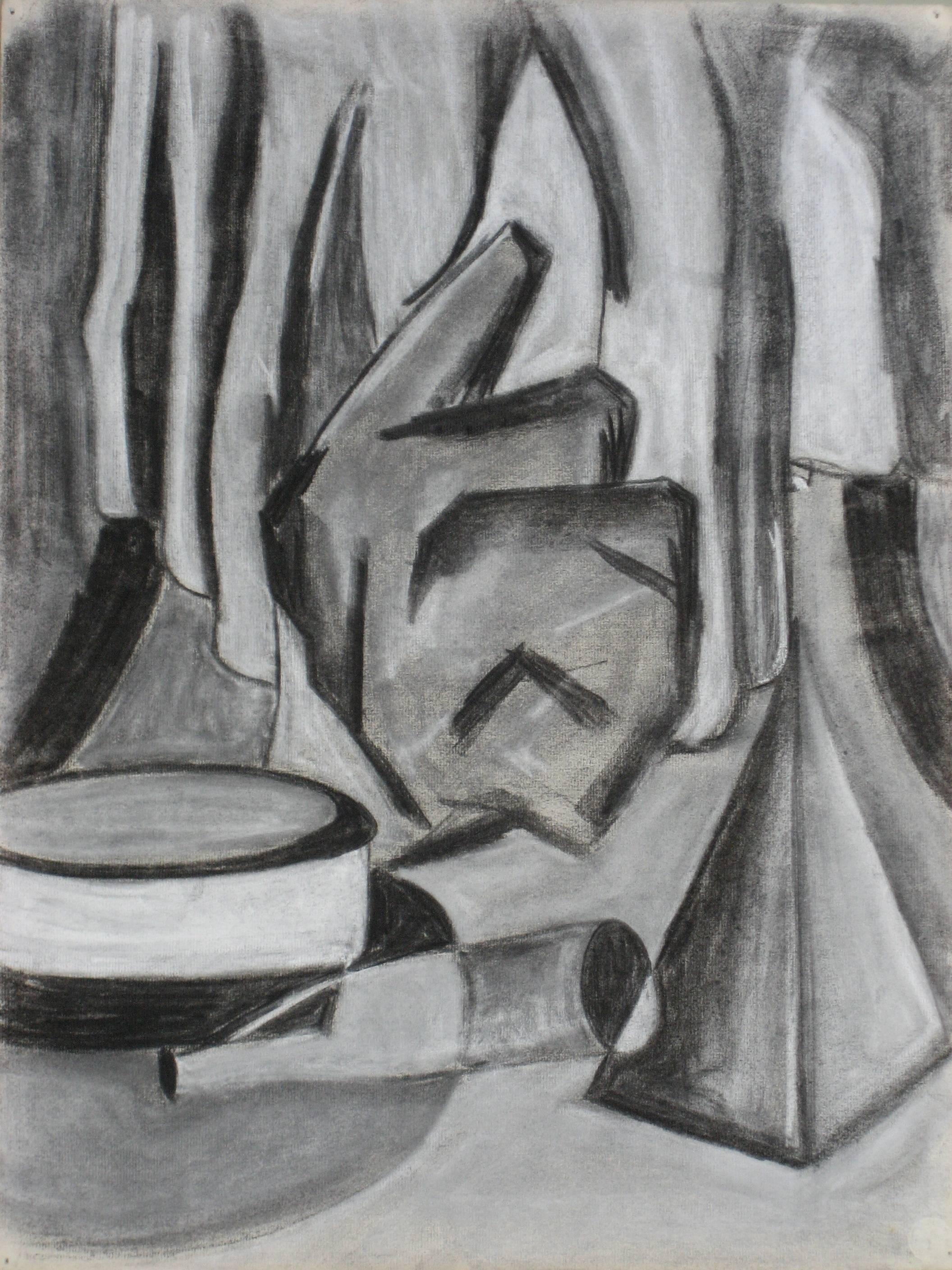 Monochromatic Modern Abstract Still Life in Charcoal w Black Grey, Mid-Century