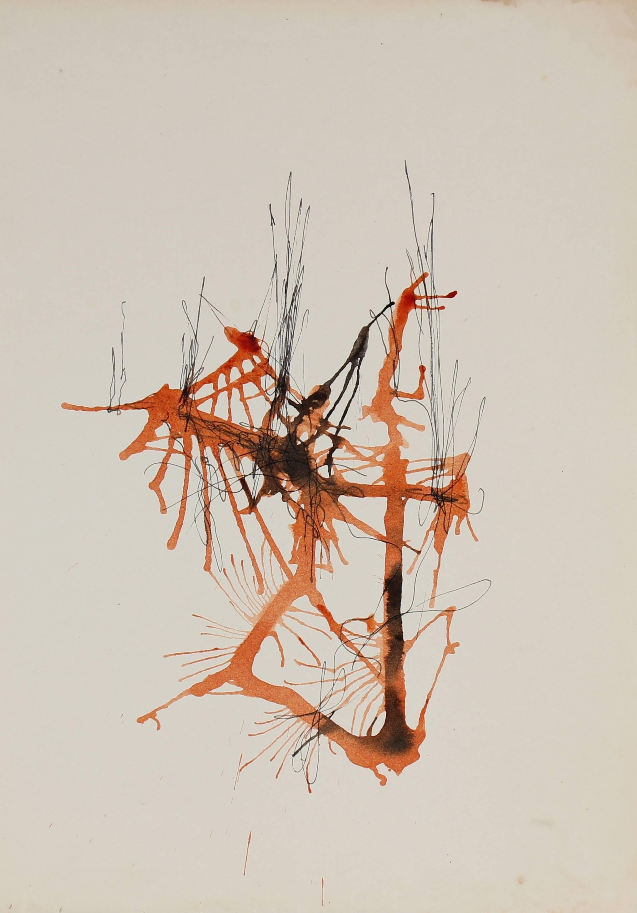 Gwen Stone Abstract Drawing - Drip Abstract in Orange, Ink and Watercolor, 20th Century