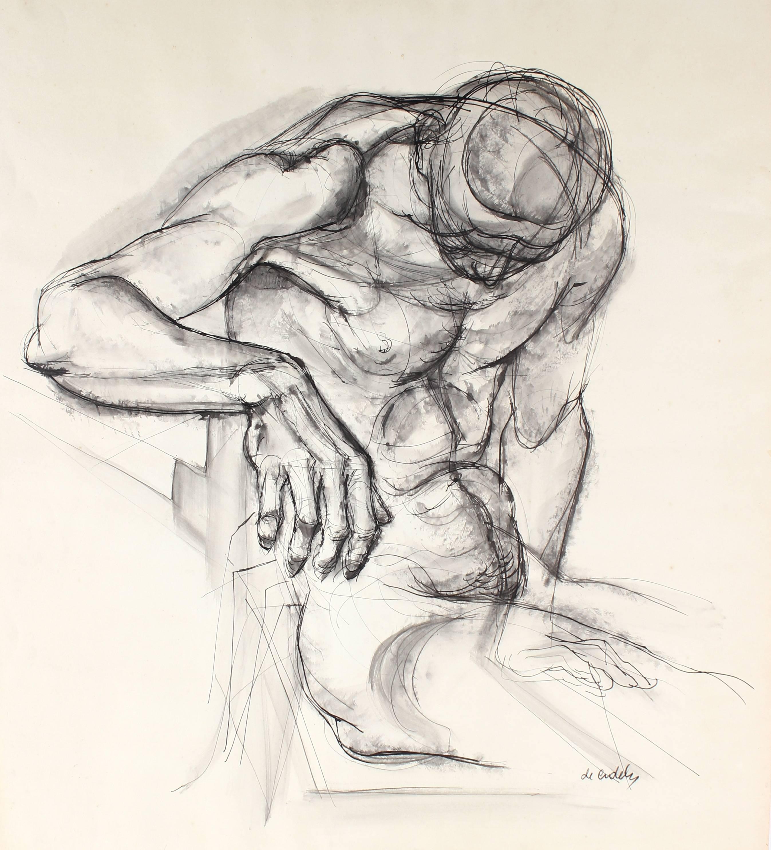 Unknown Figurative Art - Male Figure Study in Ink