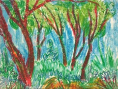 Colorful Trees in a Forest Grove, Expressionist Oil Pastel Drawing, Circa 1960