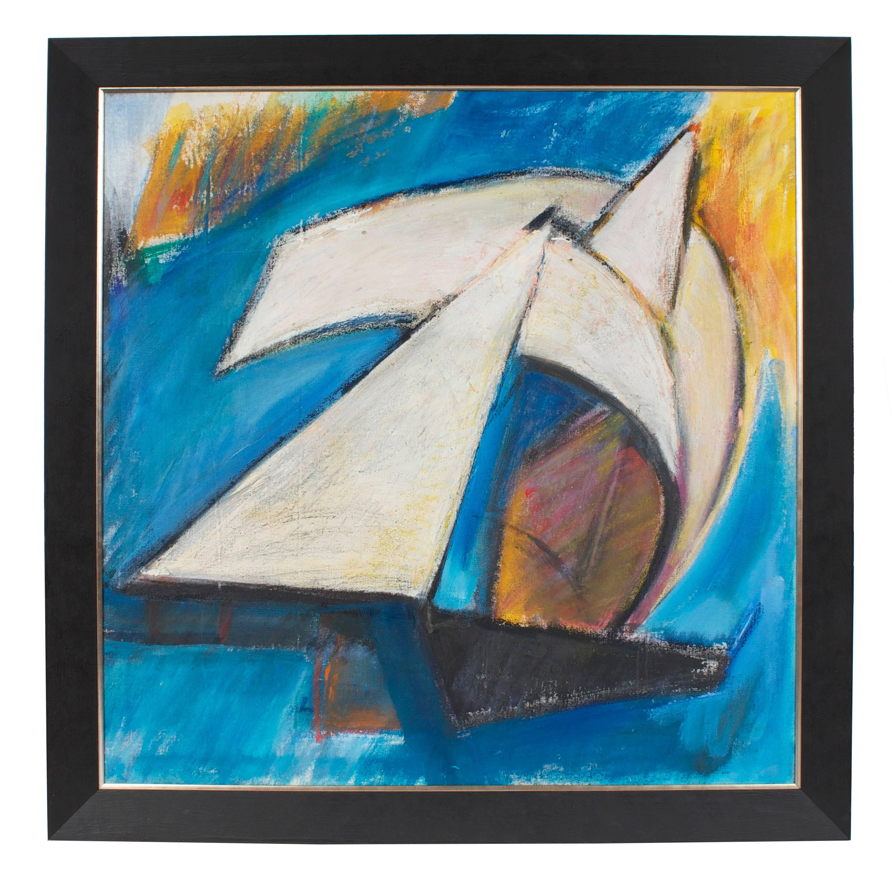 Barbara Lewis Abstract Painting - "White Sails" Modernist Abstract with Blue, Circa 1960s