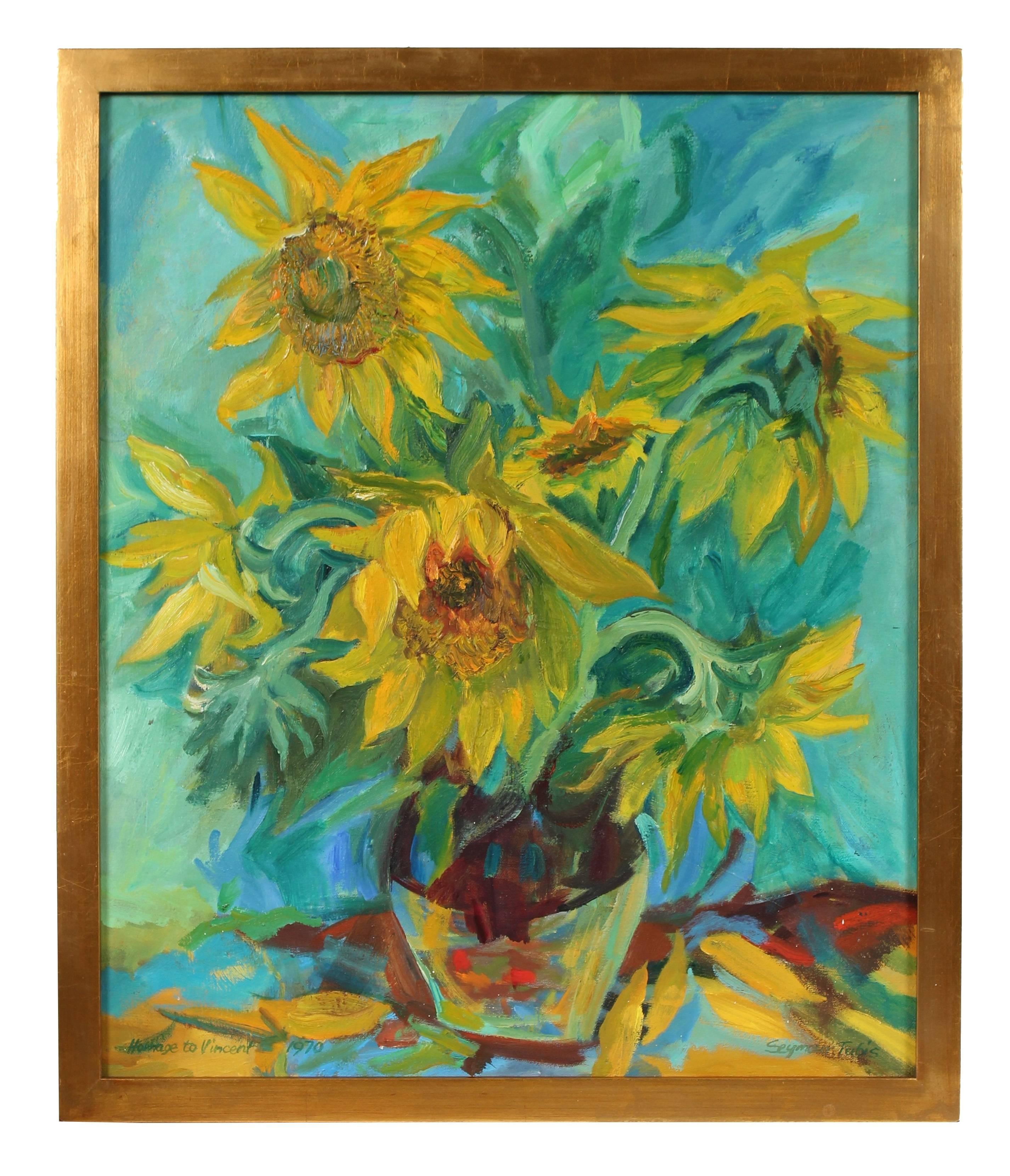 Seymour Tubis Still-Life Painting - "Sunflowers" Still Life in Oil, 1969