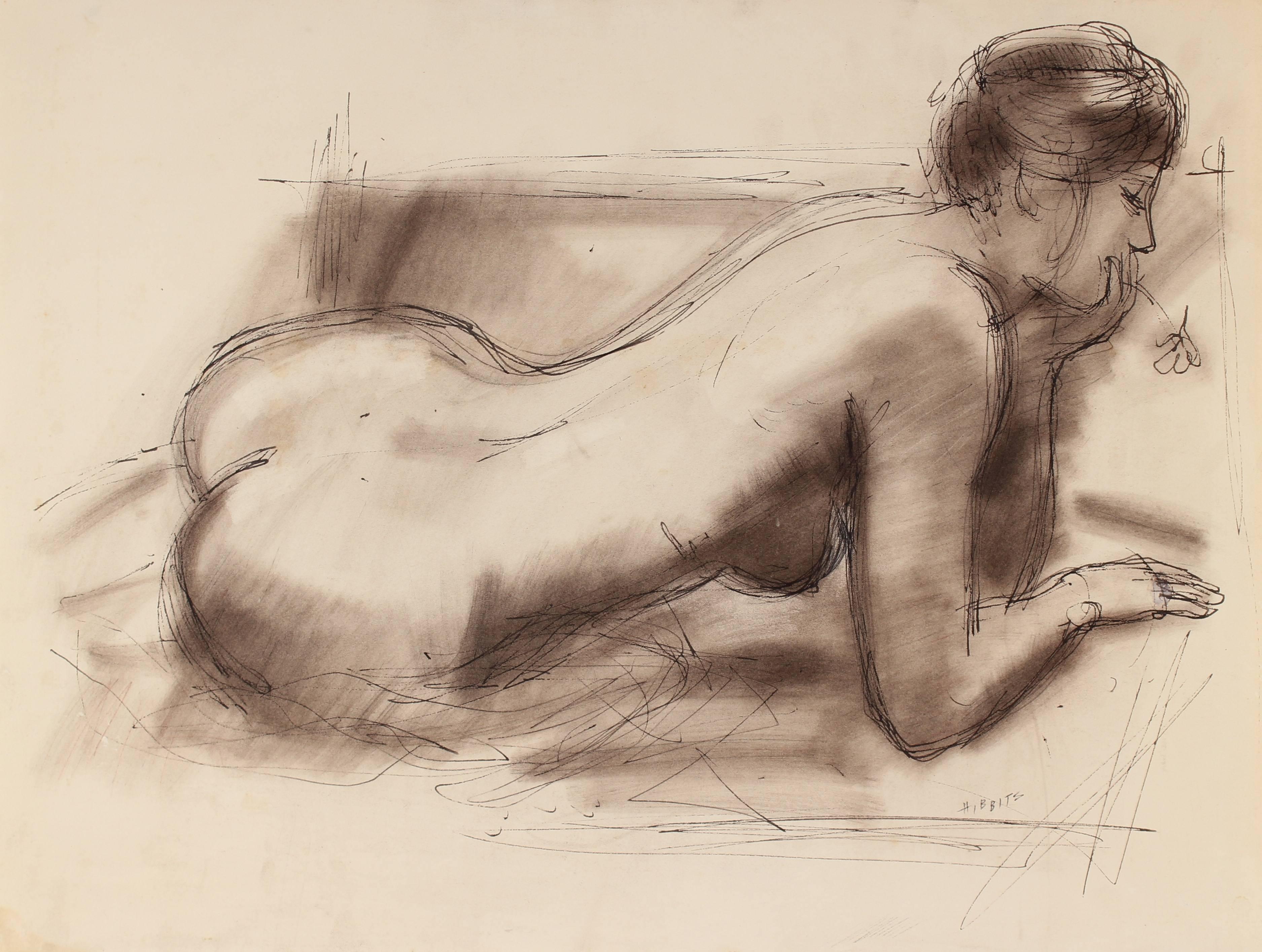 Monochromatic Female Nude in Charcoal, Mid 20th Century - Art by Forrest Hibbits
