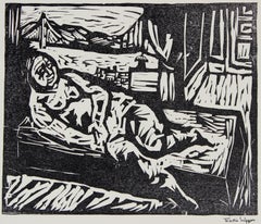 Figure by the San Francisco Bay, Framed Mid Century Linocut