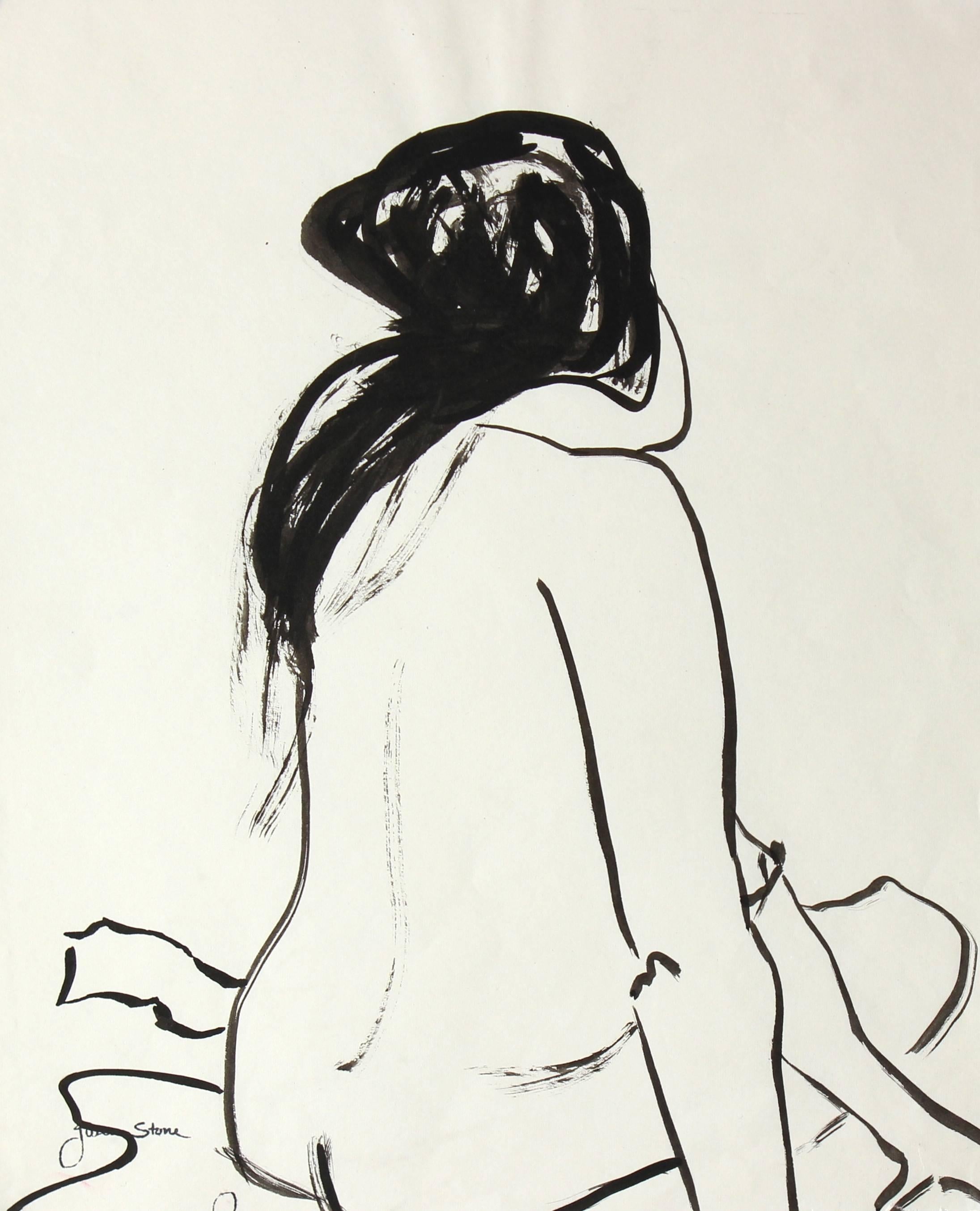 Gwen Stone Nude - Female Figure in Black Ink, 20th Century, Framed
