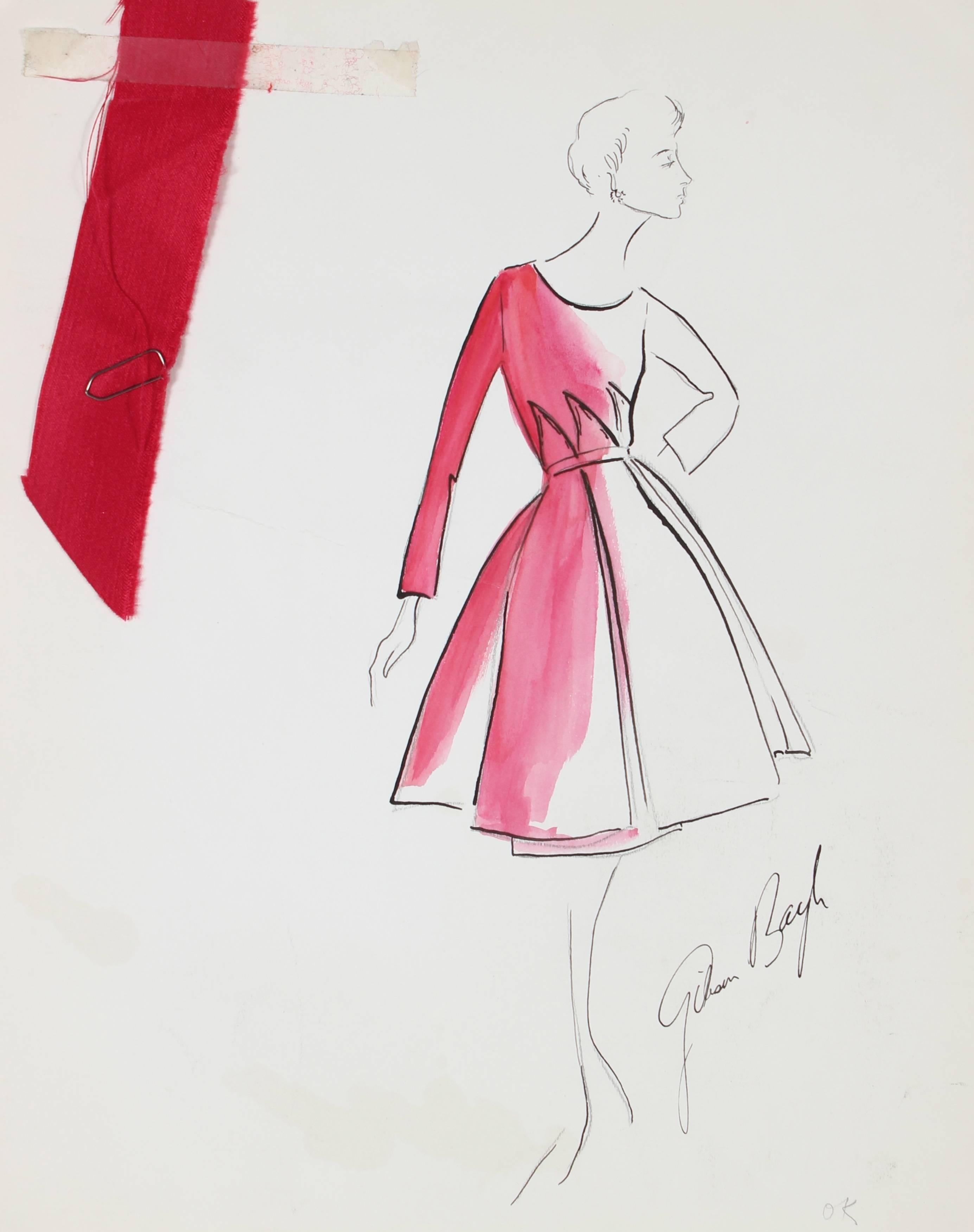 Pink Evening Dress Fashion Illustration in Ink, 1950s