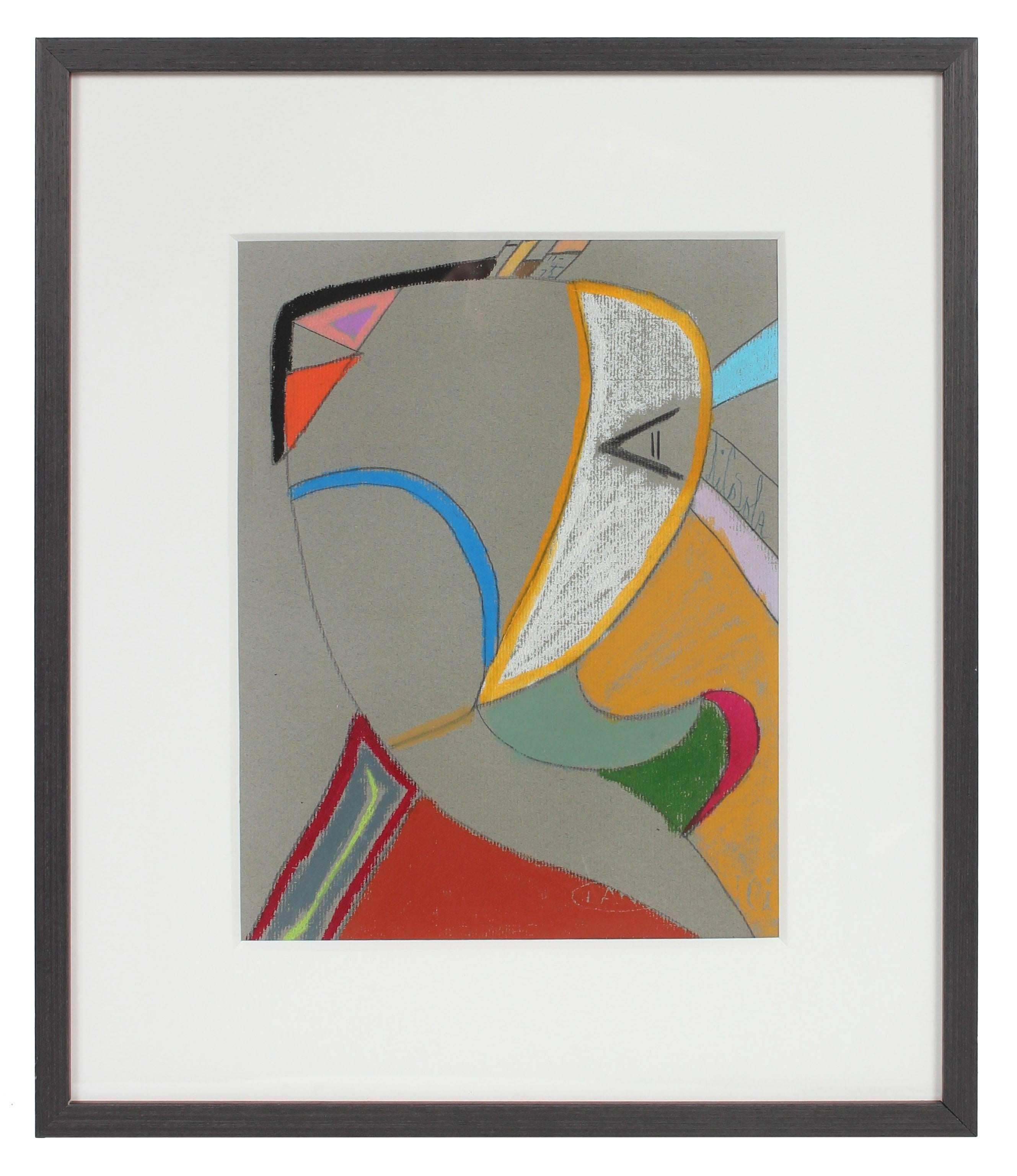 Bright Oil Pastel Abstract on Gray Paper, Framed, 1972 - Art by Michael di Cosola