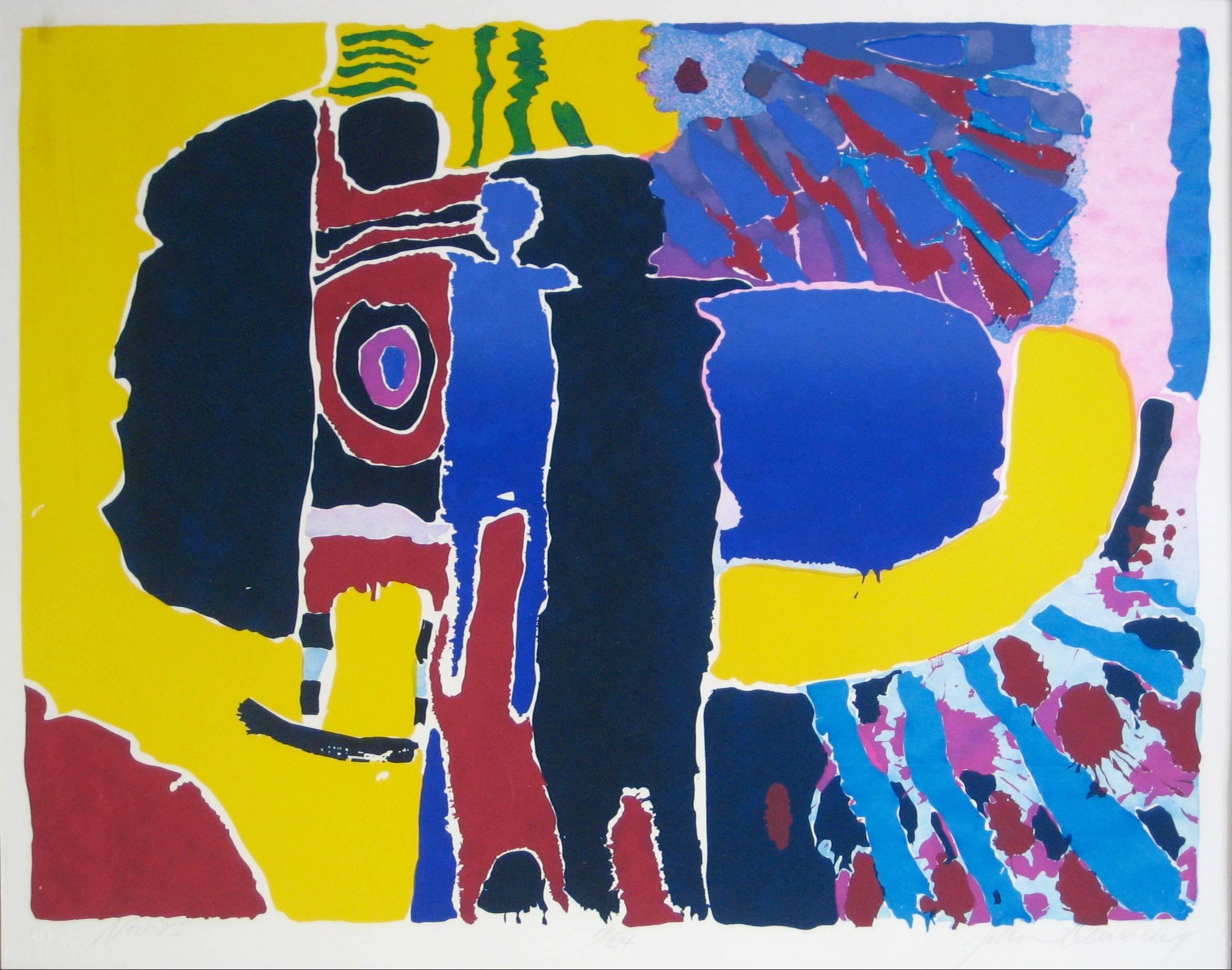 John Denning Abstract Print - "Target Man" Yellow, Blue, and Black, Silkscreen, 1975