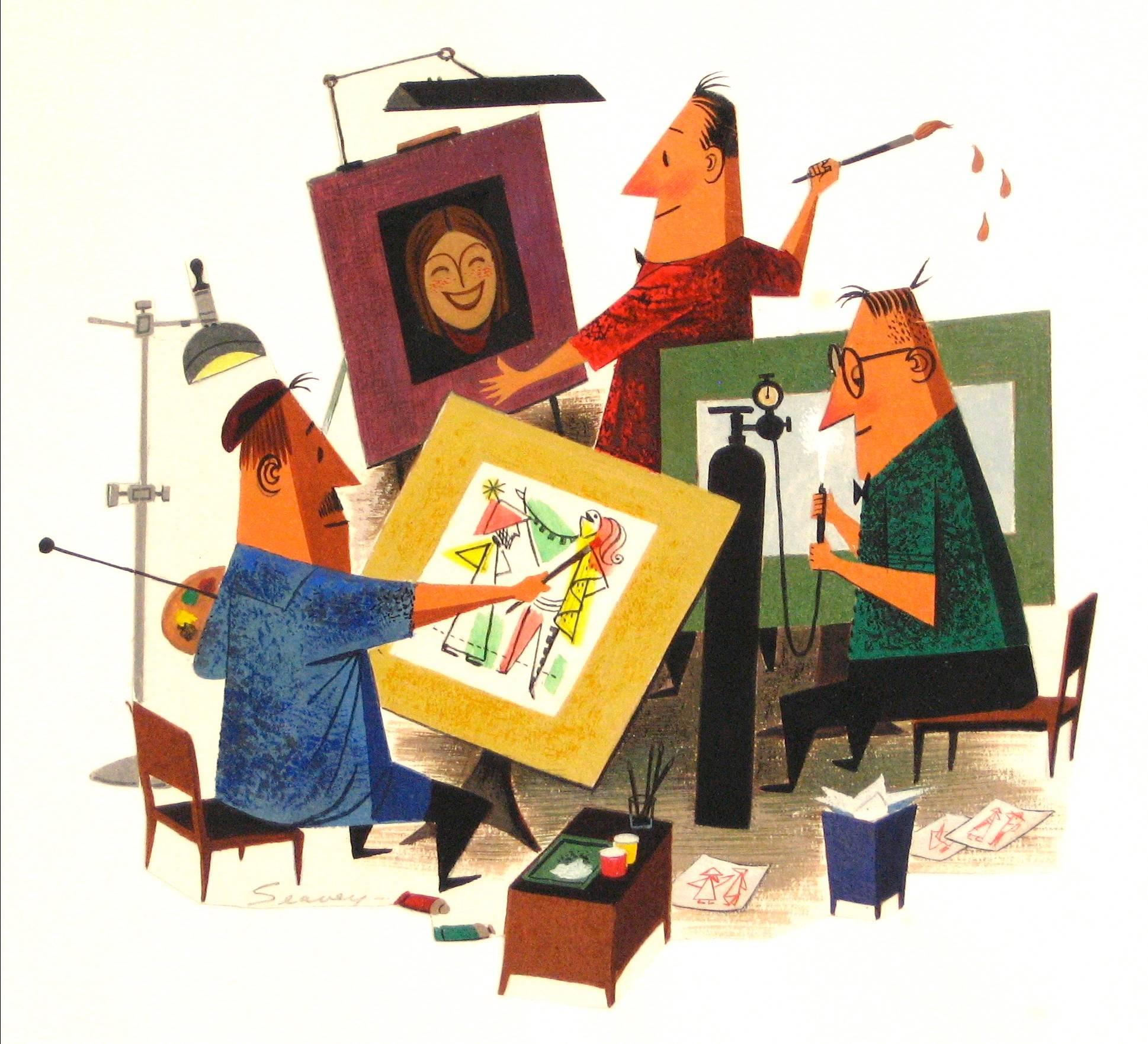 Clyde F. Seavey Sr. Interior Art - The Art Department, Gouache on Paper Figures, Mid 20th Century