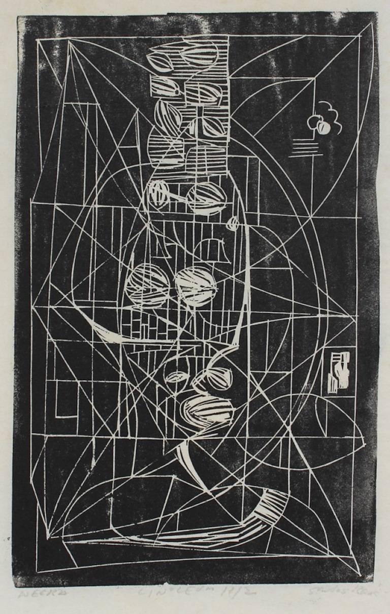 Santos Rene Irizarry Abstract Print - "Negra" Monochromatic Abstract Linoleum Print, 1960s