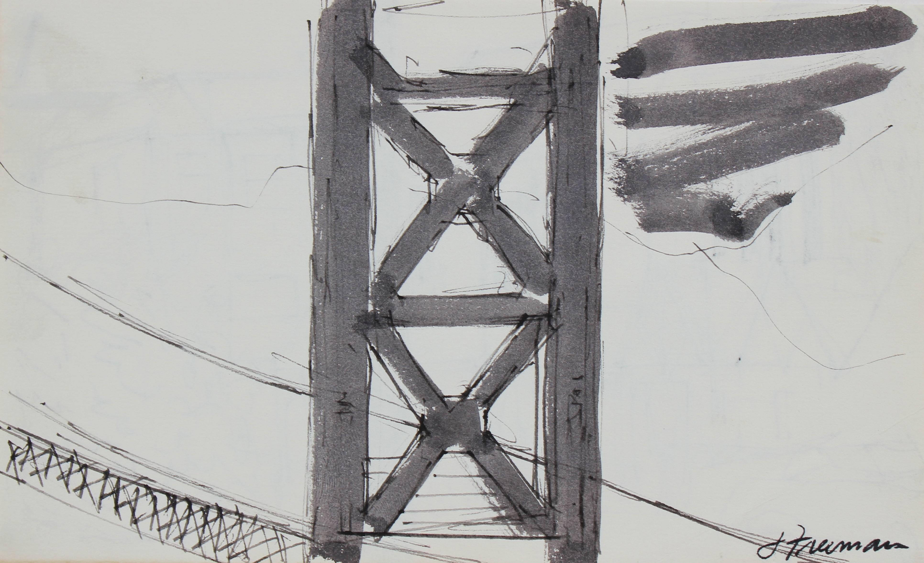 Jack Freeman Landscape Art - Golden Gate Bridge Drawing in Ink, 1976