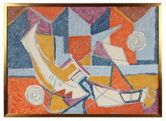 Colorful Cubist Boats, Oil on Canvas, Mid- Century