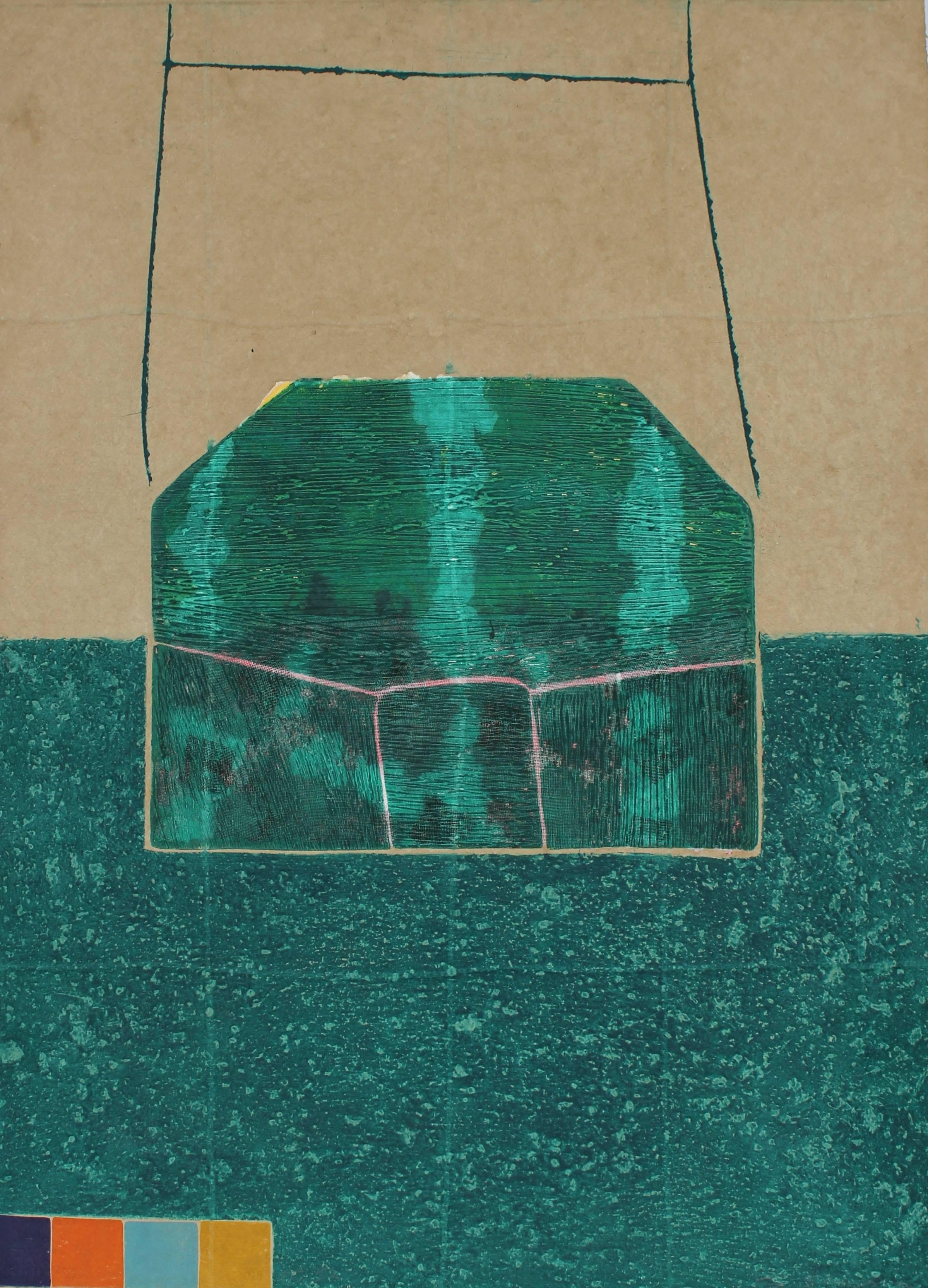Gary Lee Shaffer Abstract Print - "House Grid" Large Abstract Collograph Print in Green, 1988