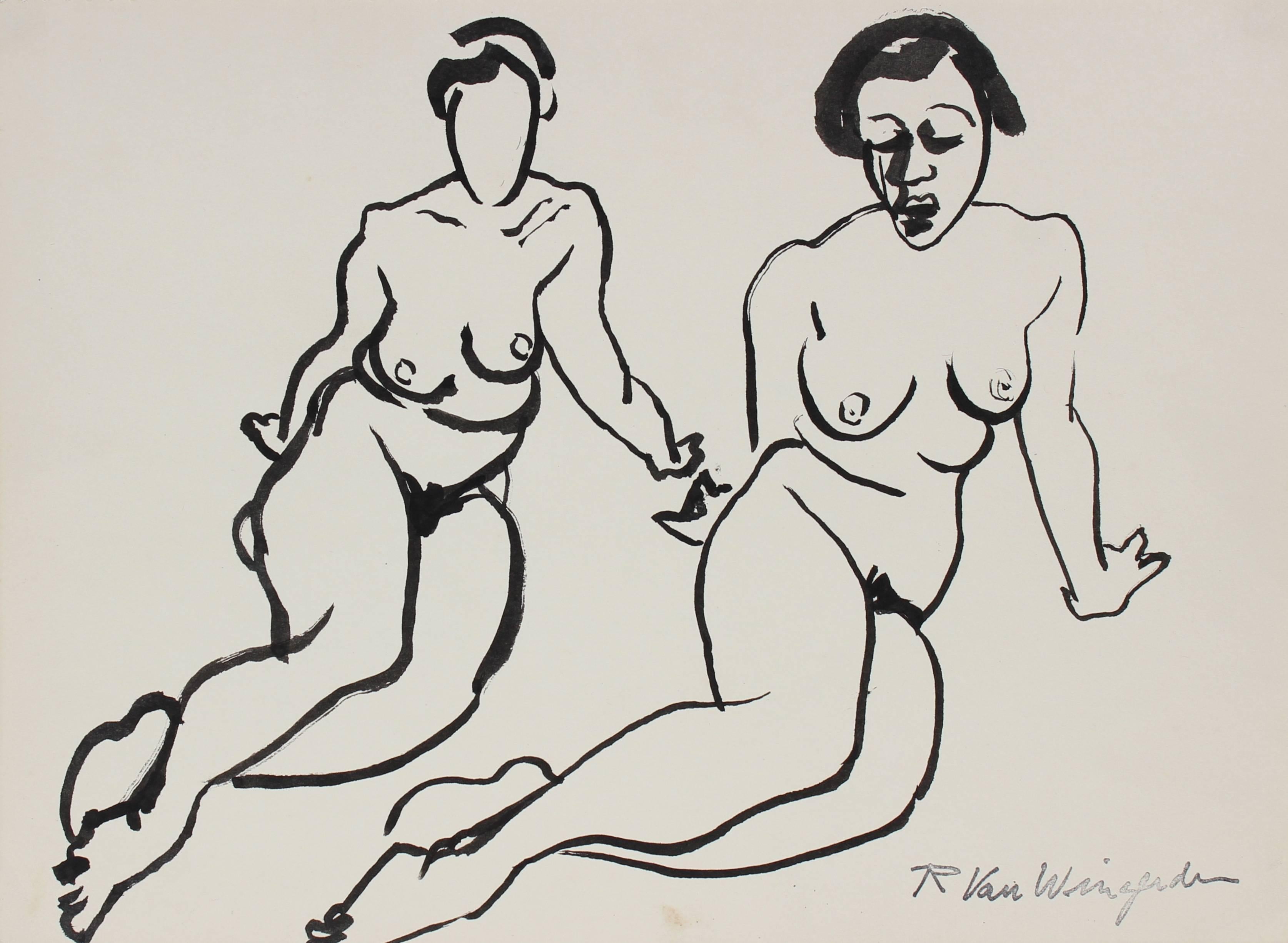 Two Figures in Ink, Mid 20th Century