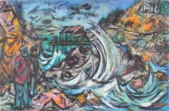 "Turbulent Coast" Oregon:: paysage à l'huile sur papier:: 1959