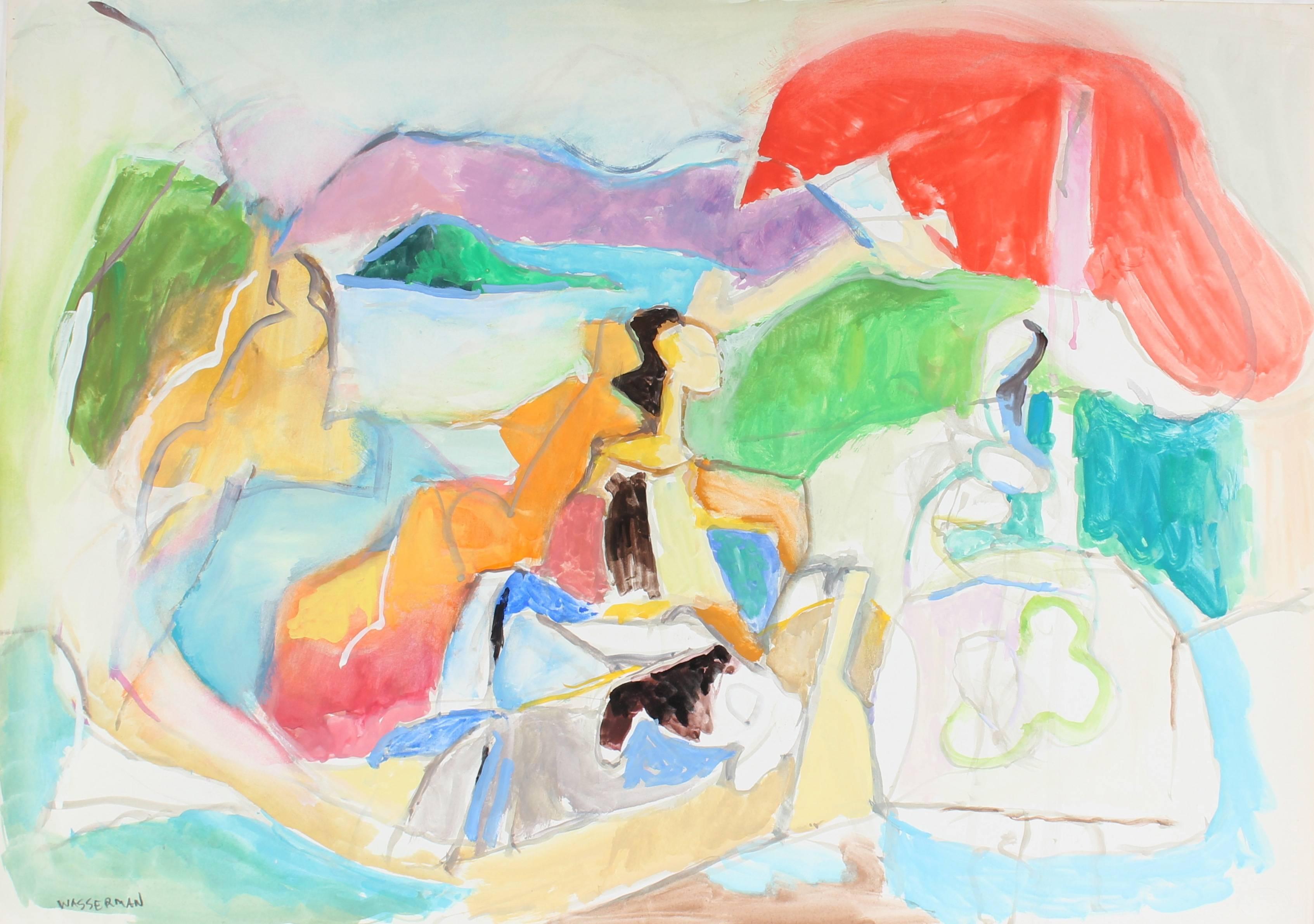 Gerald Wasserman Landscape Painting - "Yugoslavia" Abstracted Figures in a Landscape, Gouache on Paper, 1971