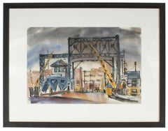 Waterfront Industrial Scene in Watercolor, Mid-Century