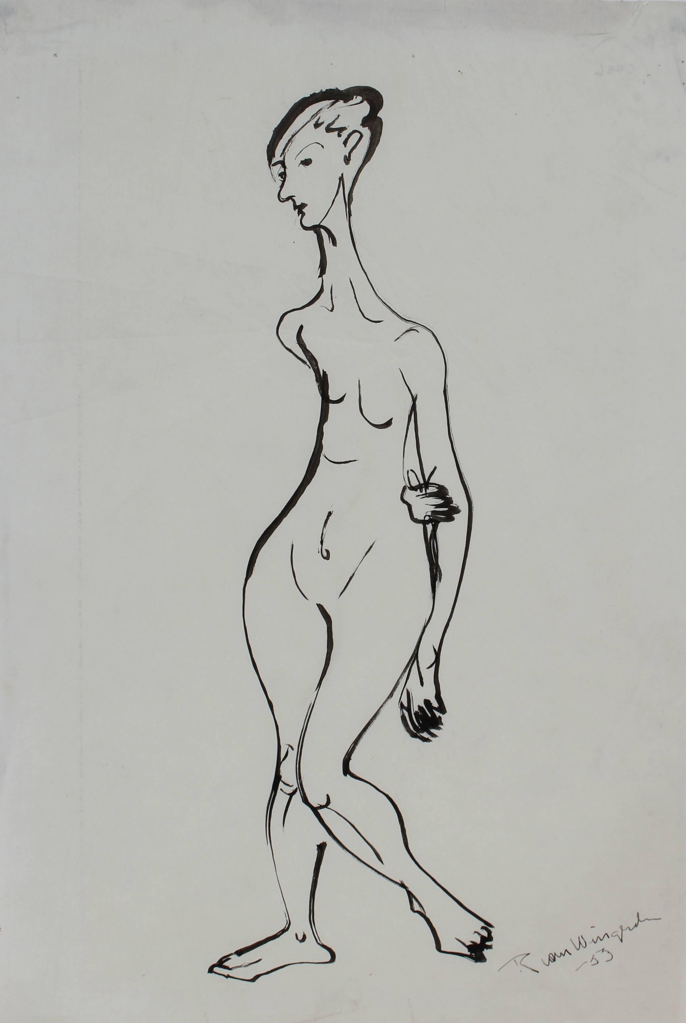 Richard Van Wingerden Nude - Expressionist Figure Study in Ink, Mid 20th Century