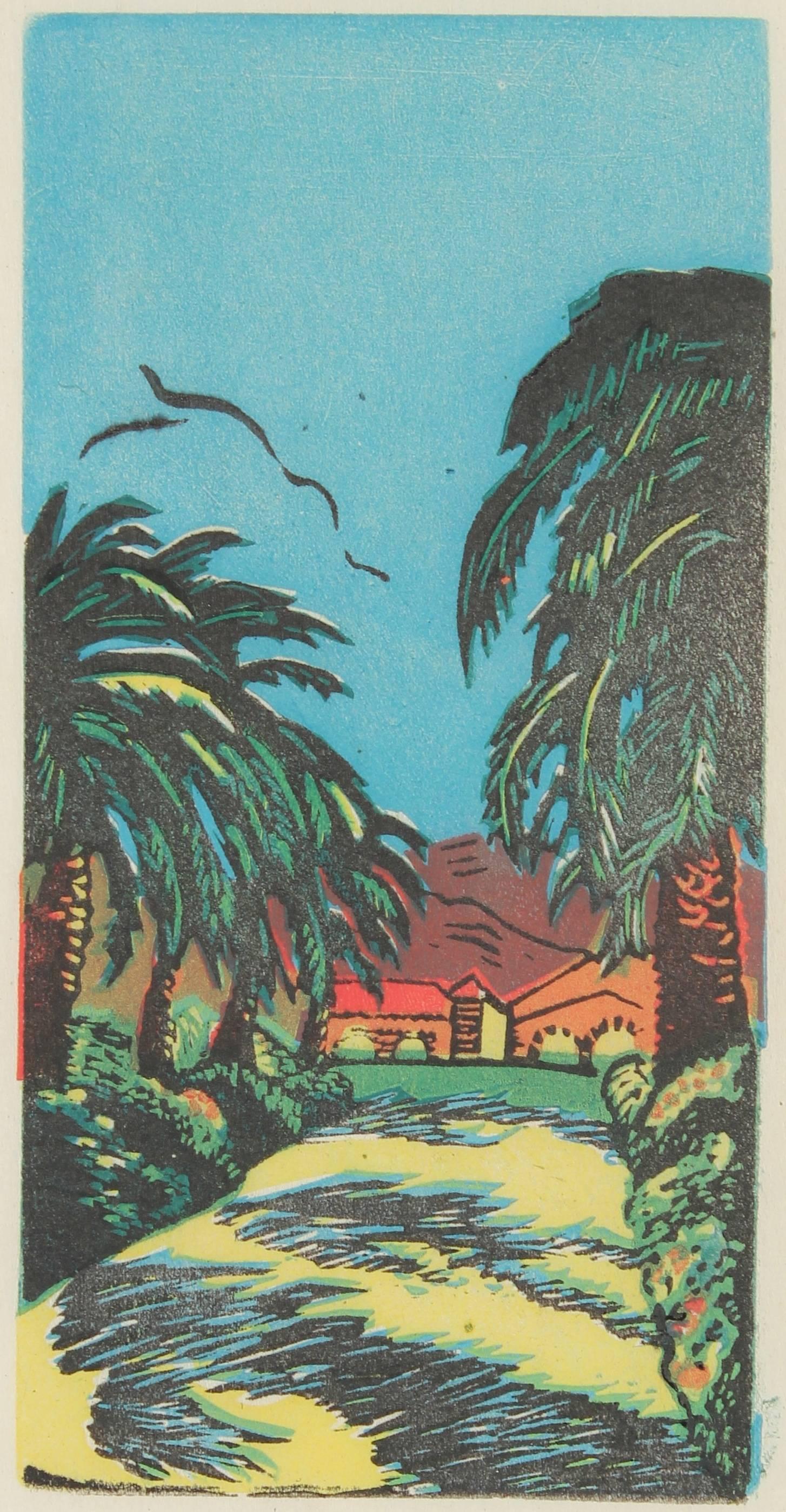 Mary Watterick Evans Landscape Print - Colorful Bay Area Ranch with California Palm Trees, Linocut, Circa 1940s