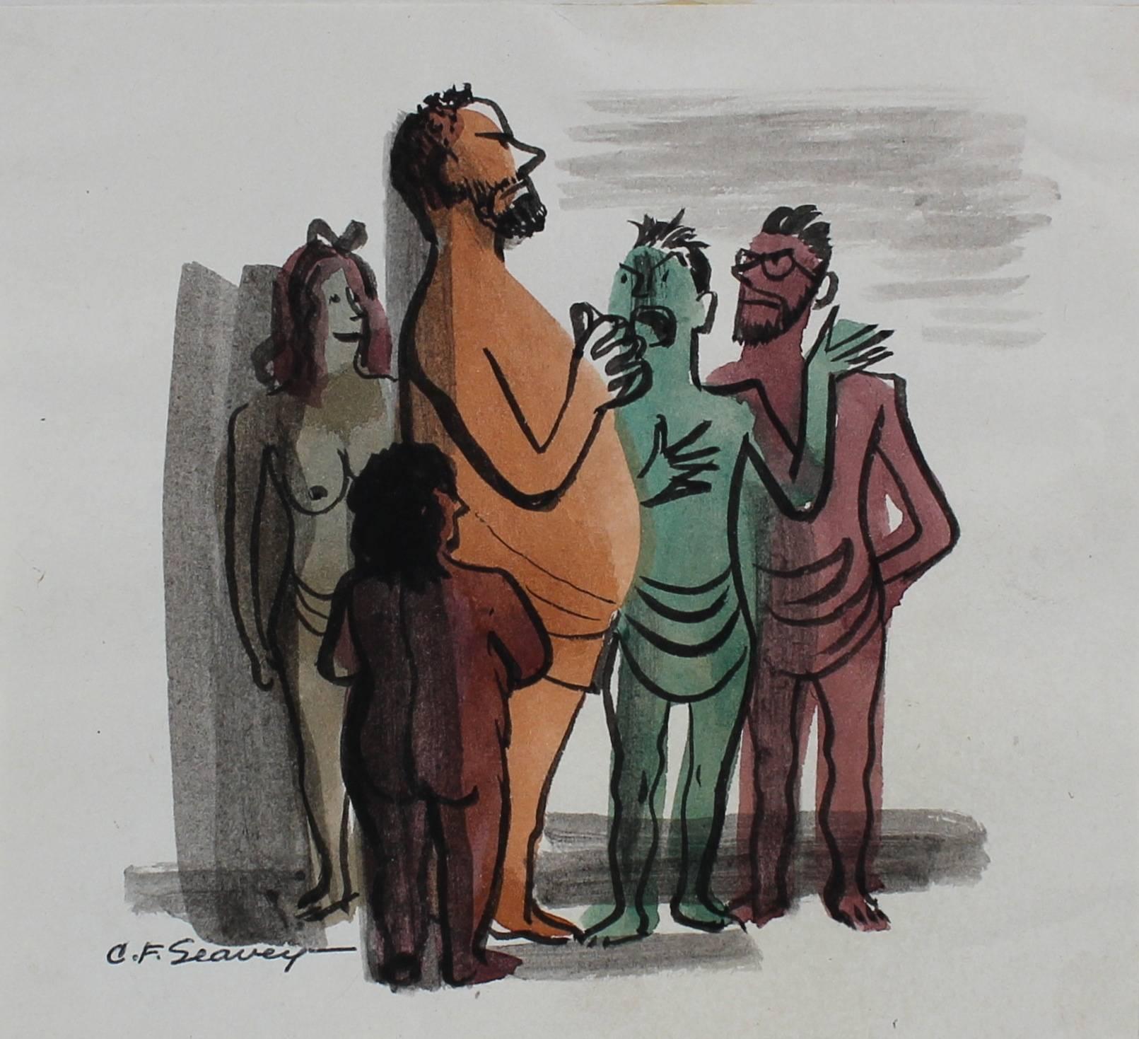 Clyde F. Seavey Sr. Figurative Art - People in a Crowd, Watercolor Painting, 1946