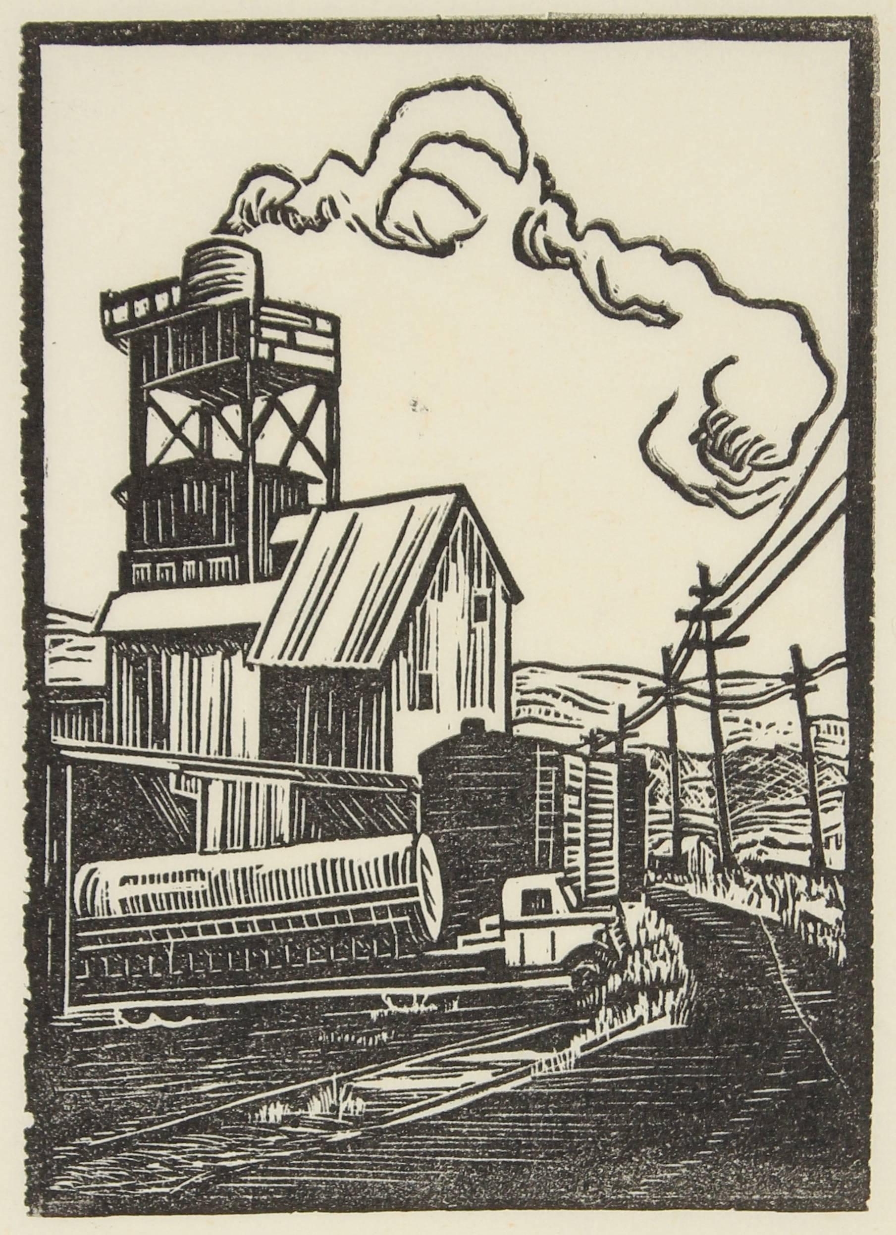 Mary Watterick Evans Landscape Print - Train Tracks in a Landscape, Linocut on Paper, Circa 1940s
