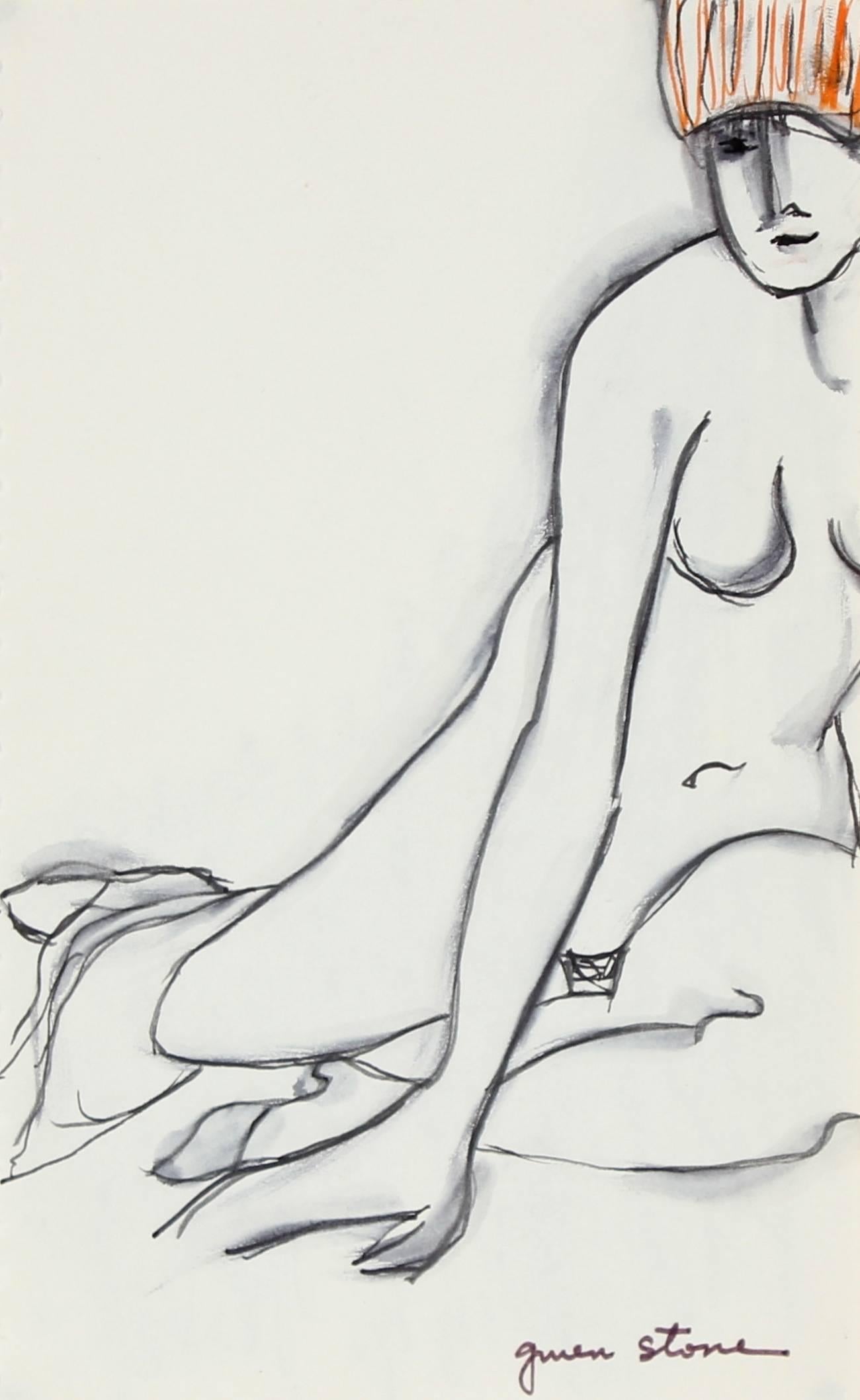 Gwen Stone Nude - Sketch of a Seated Woman in Ink, 20th Century