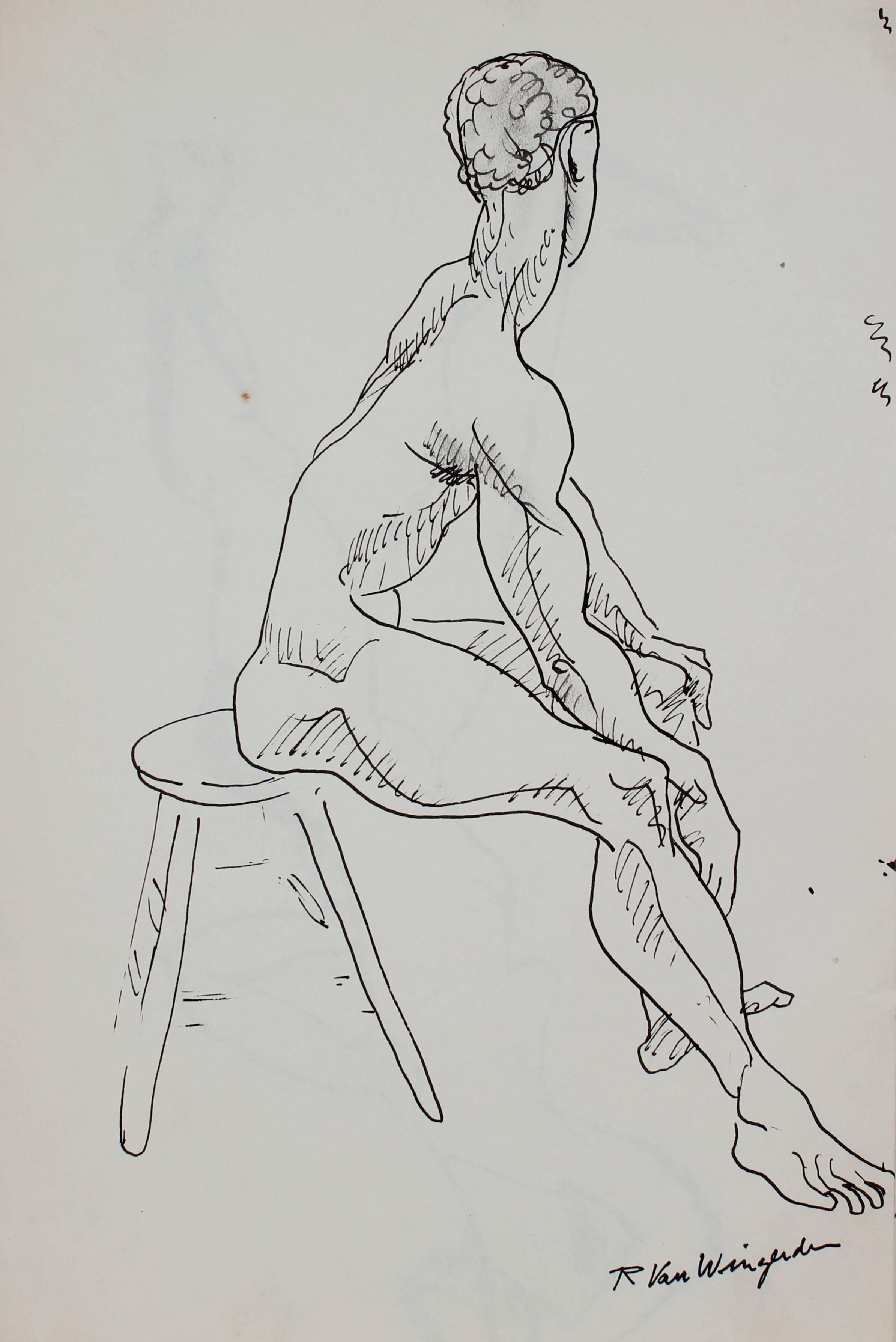 Richard Van Wingerden Nude - Seated Male Figure in Ink, Circa 1950s
