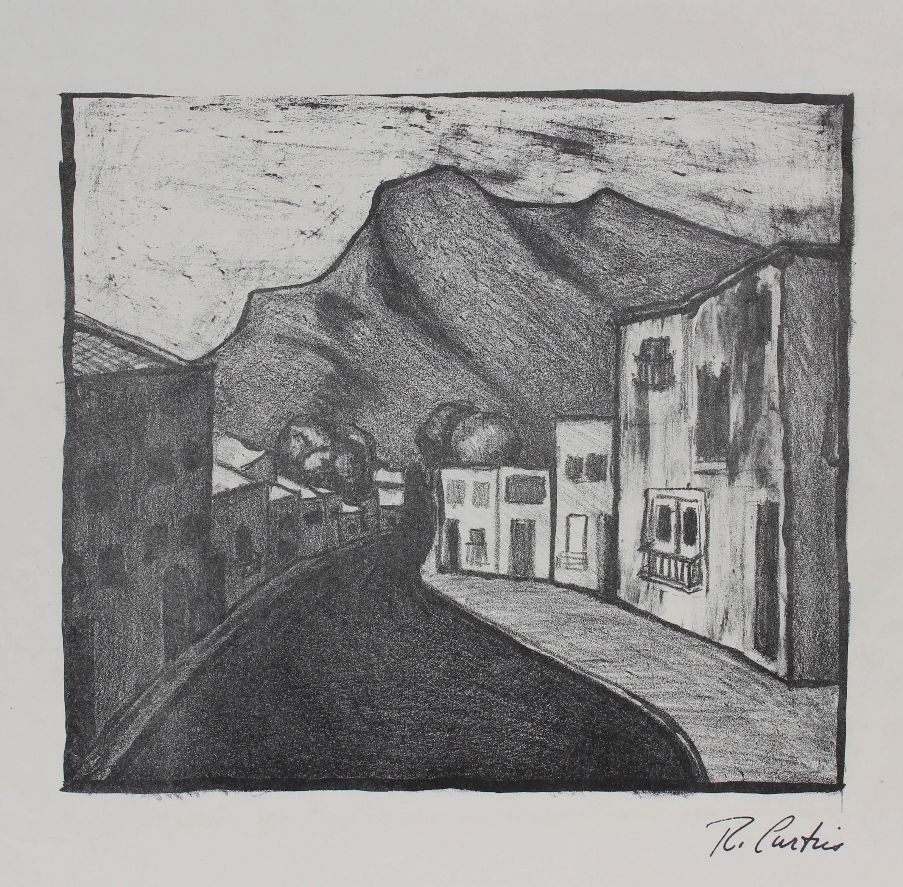 Ross Curtis Landscape Print - Mexican Street Scene, Mid Century Monochromatic Lithograph