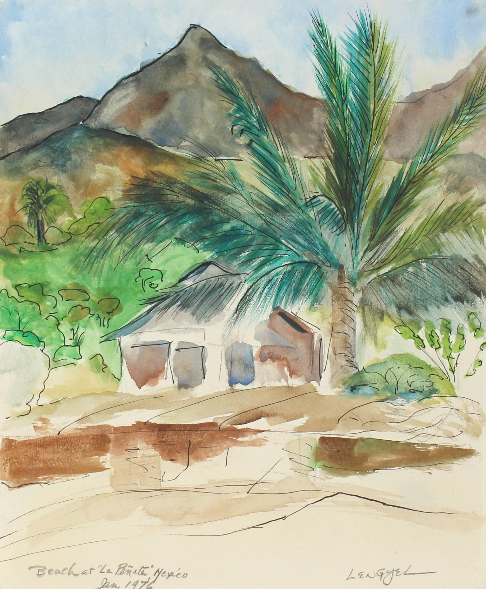 Laura Lengyel Landscape Art - "Beach at La Peñita, Mexico" Framed Landscape in Watercolor and Ink, 1976