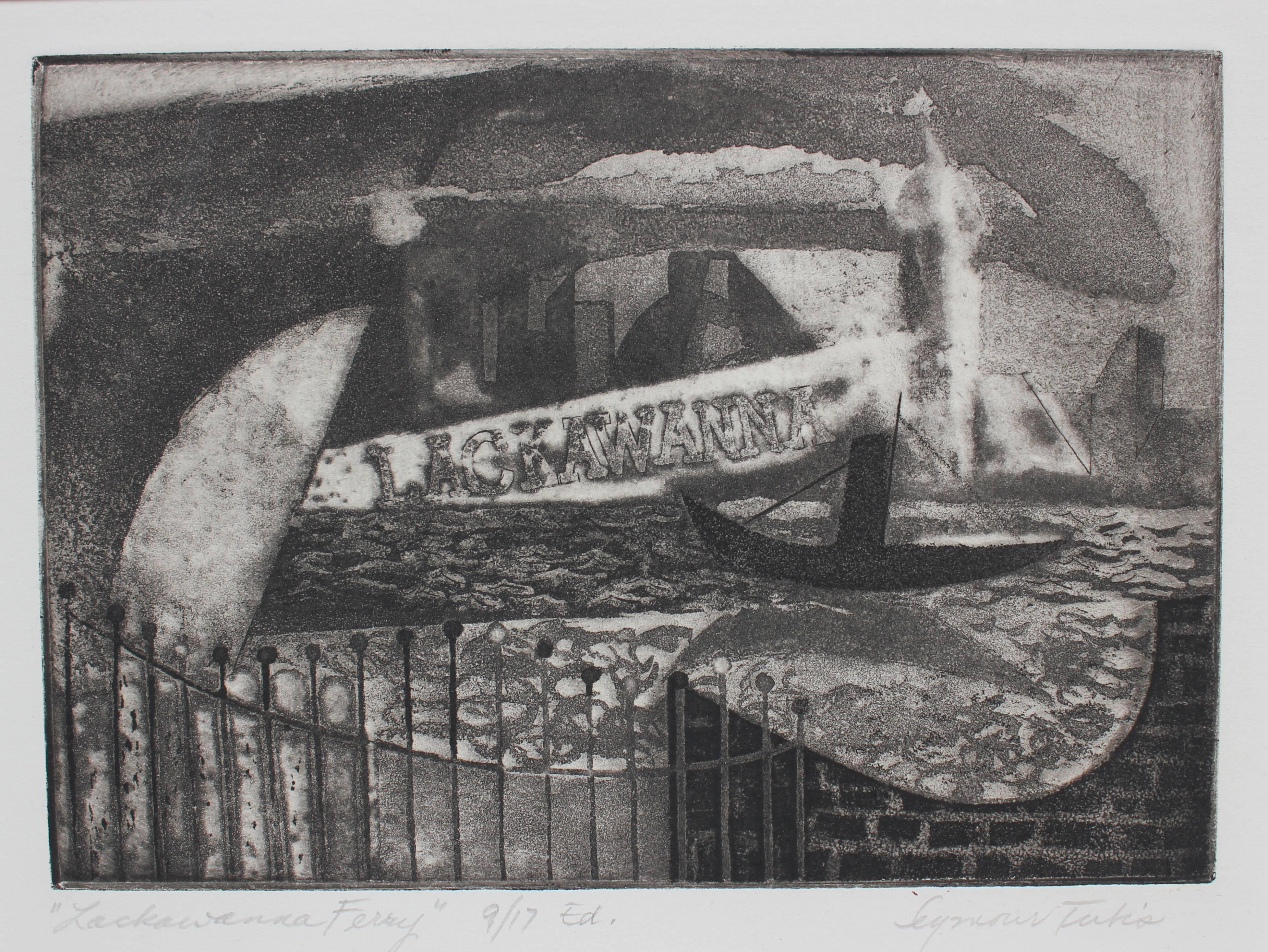 Seymour Tubis Landscape Print - "Lackawanna Ferry", 1947, Monochromatic Etching on Paper Seascape