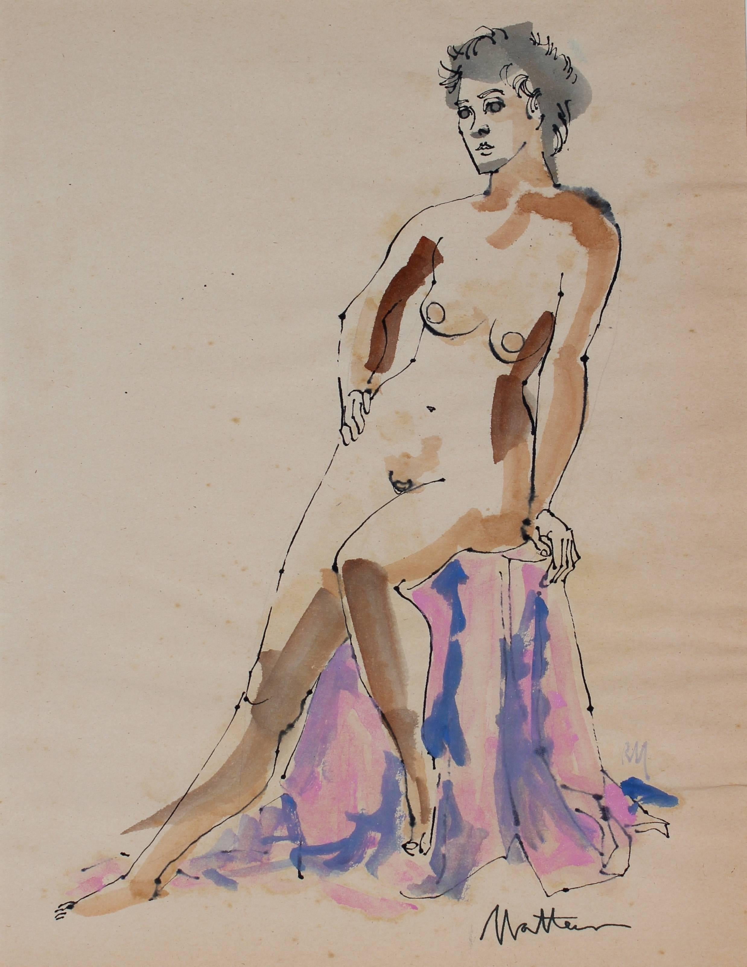 Rip Matteson Nude - Seated Figure in Watercolor and Ink, 1965