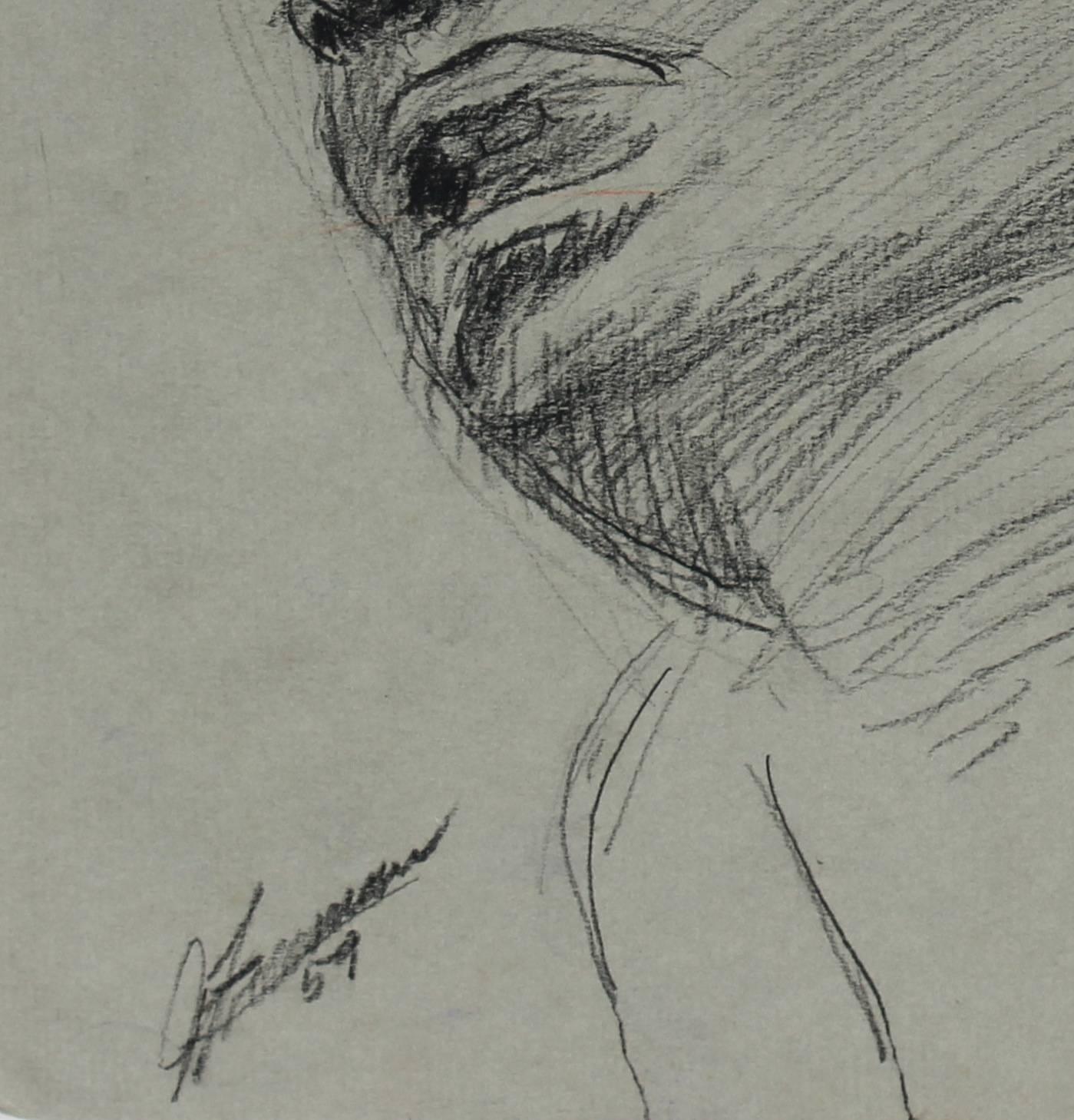 Croquis de portrait moderniste au fusain, 1959 - Art de Jack Freeman