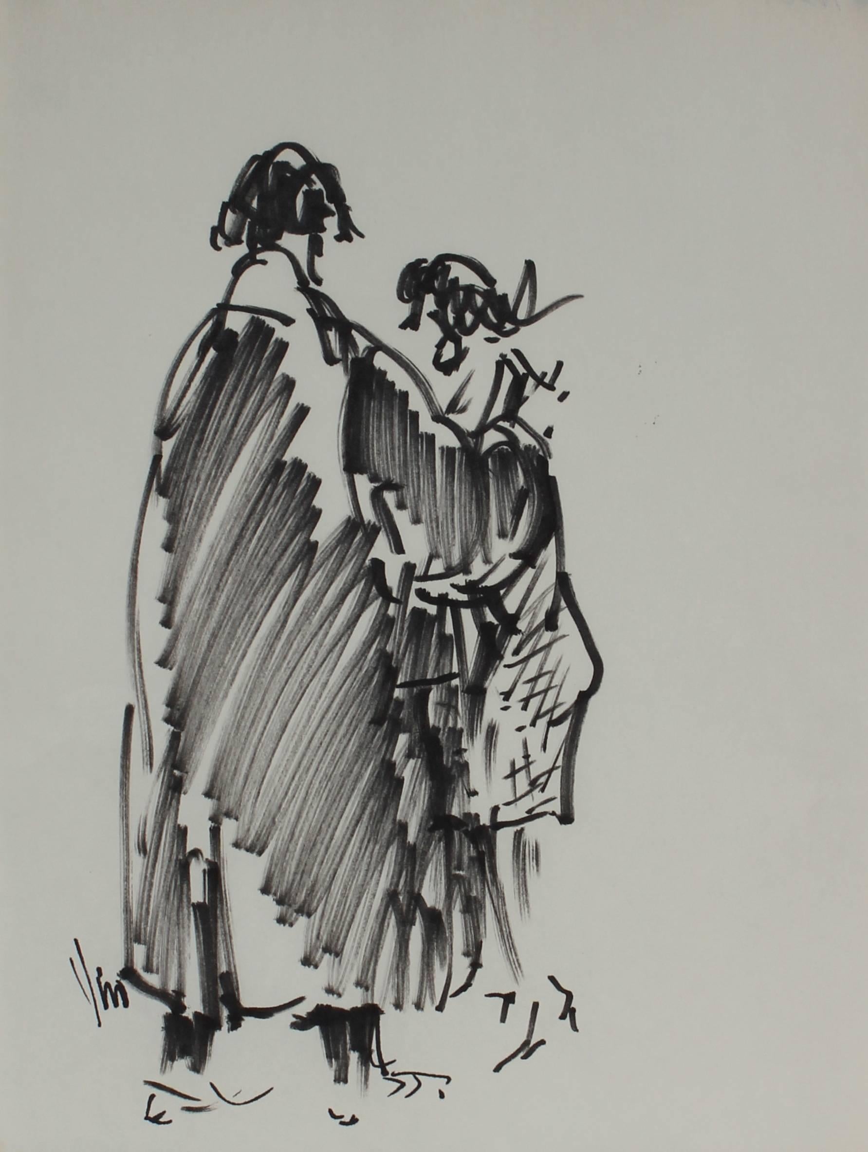 Wiveca Rubinow Figurative Art – Black and White Sketch of Two Figures, Felt Marker on Paper, 1960's