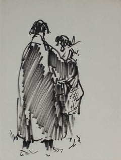 Black and White Sketch of Two Figures, Felt Marker on Paper, 1960's