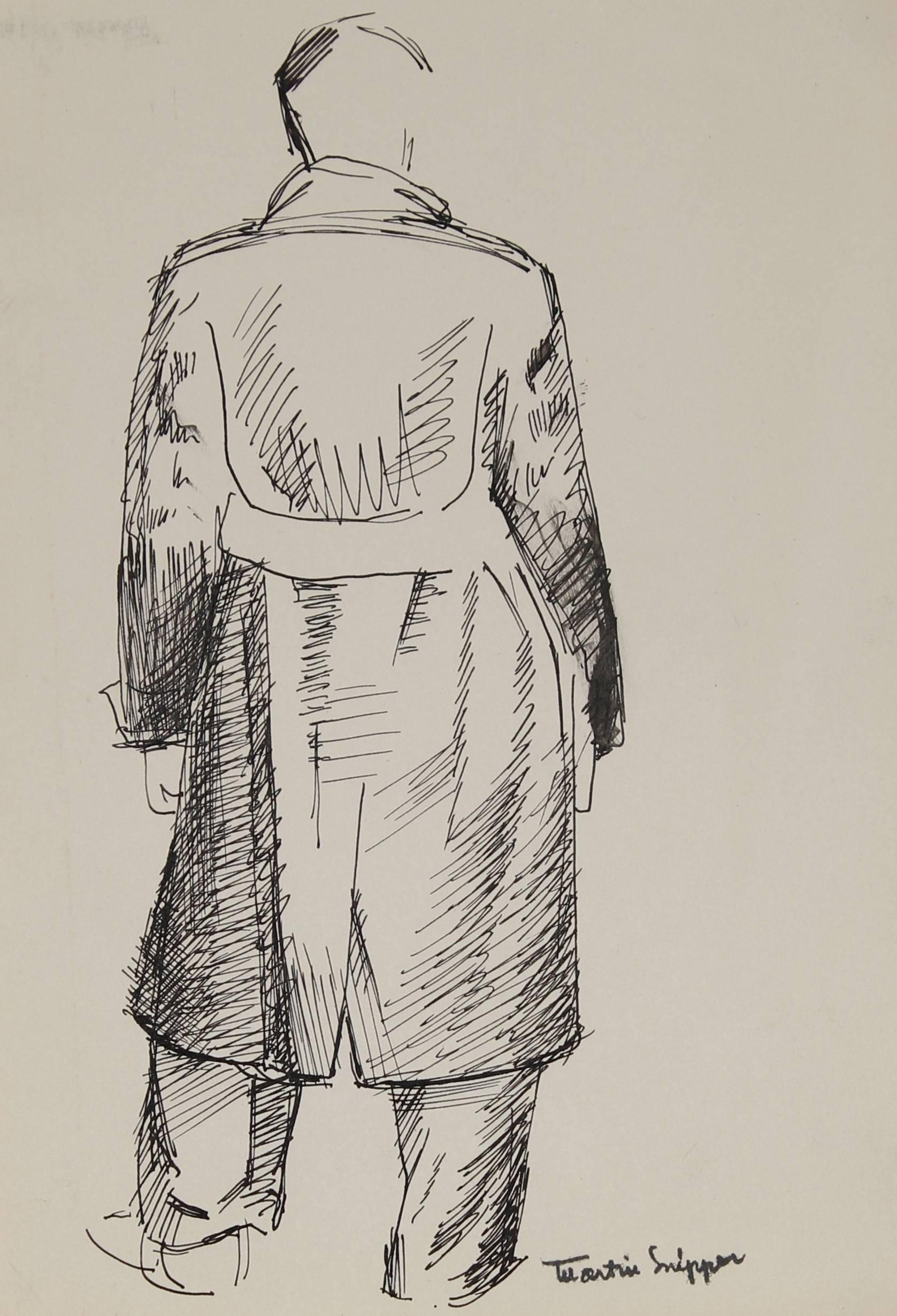 Man in Trench Coat, Ink on Paper Sketch, 20th Century - Art by Martin Snipper