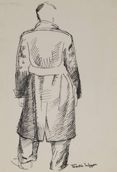 Man in Trench Coat, Ink on Paper Sketch, 20th Century