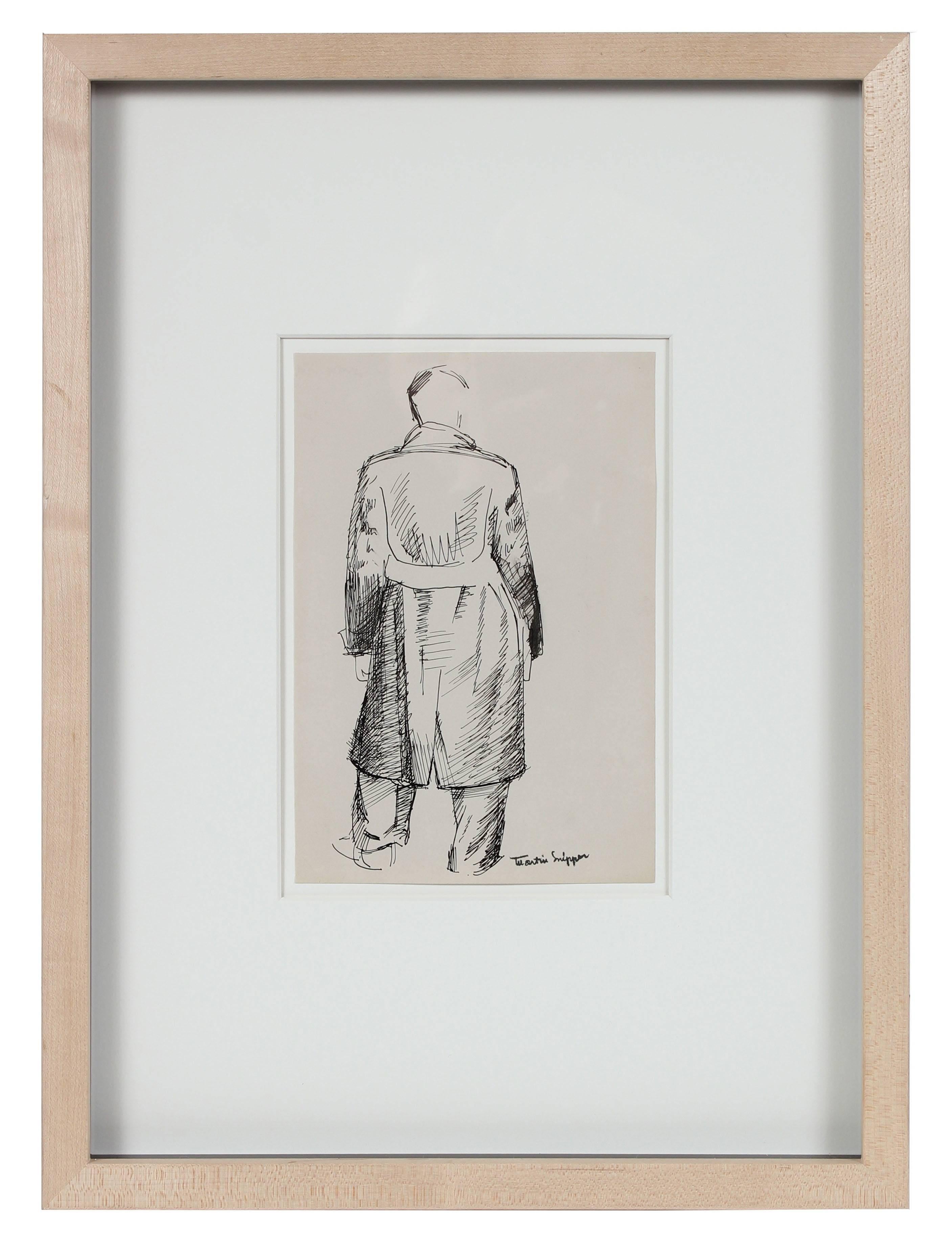 Martin Snipper Figurative Art - Man in Trench Coat, Ink on Paper Sketch, 20th Century