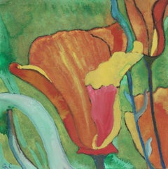 California Poppy, Colorful Gouache on Paper with Orange Yellow Red, 2016