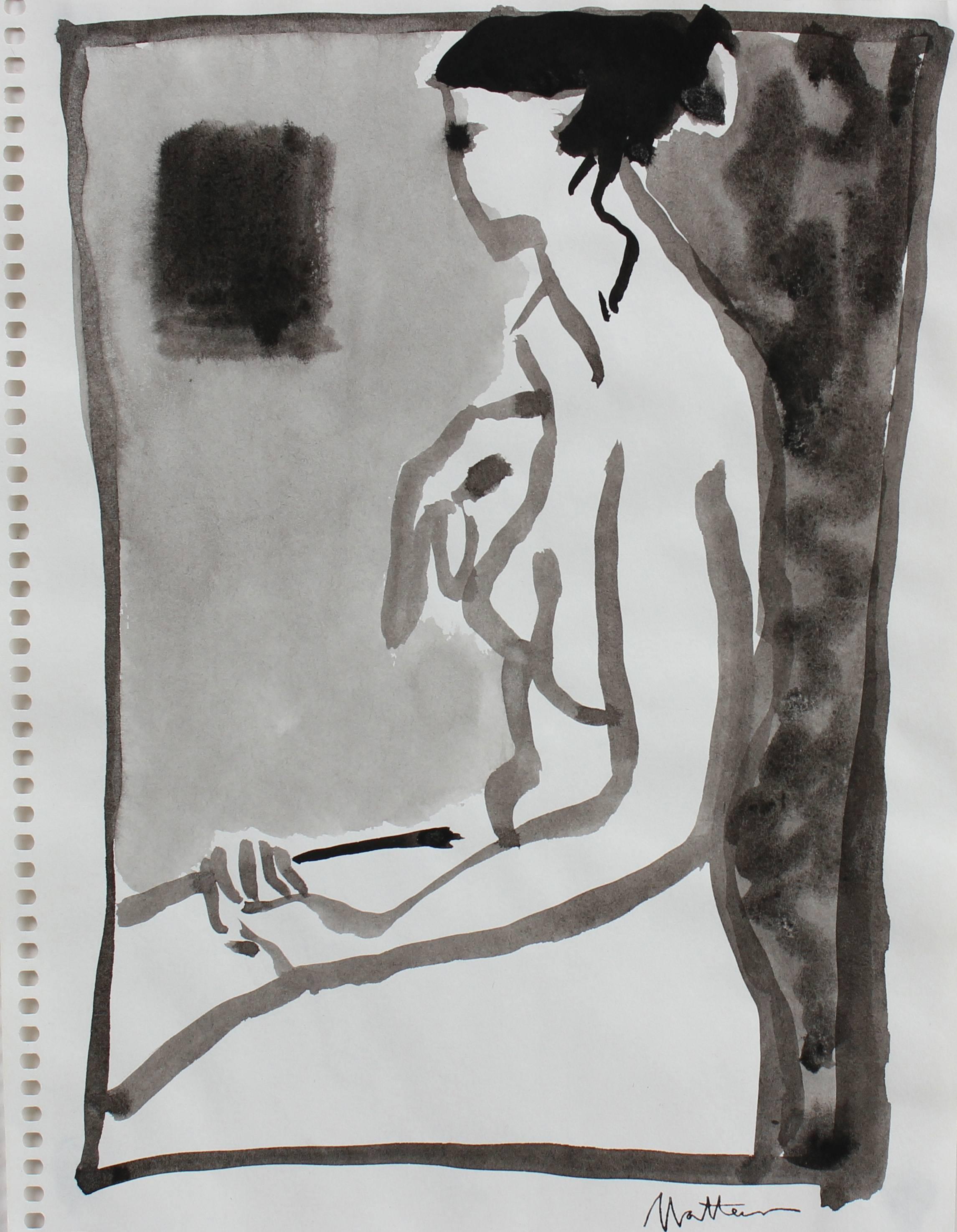Monochromatic Female Nude, Ink Wash on Paper, 20th Century - Art by Rip Matteson