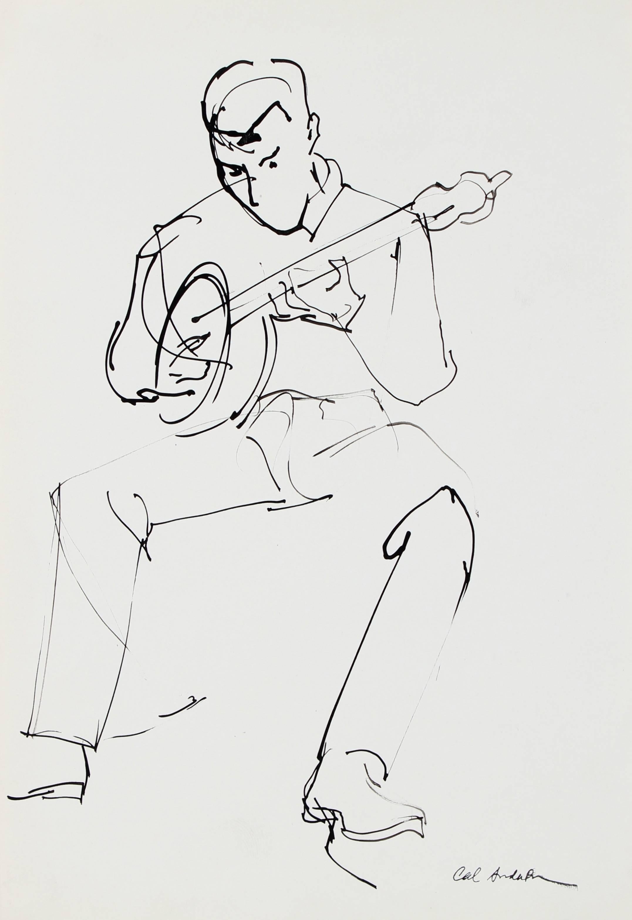 Calvin Anderson Figurative Art - Man Playing the Banjo, Ink on Paper Sketch, 20th Century