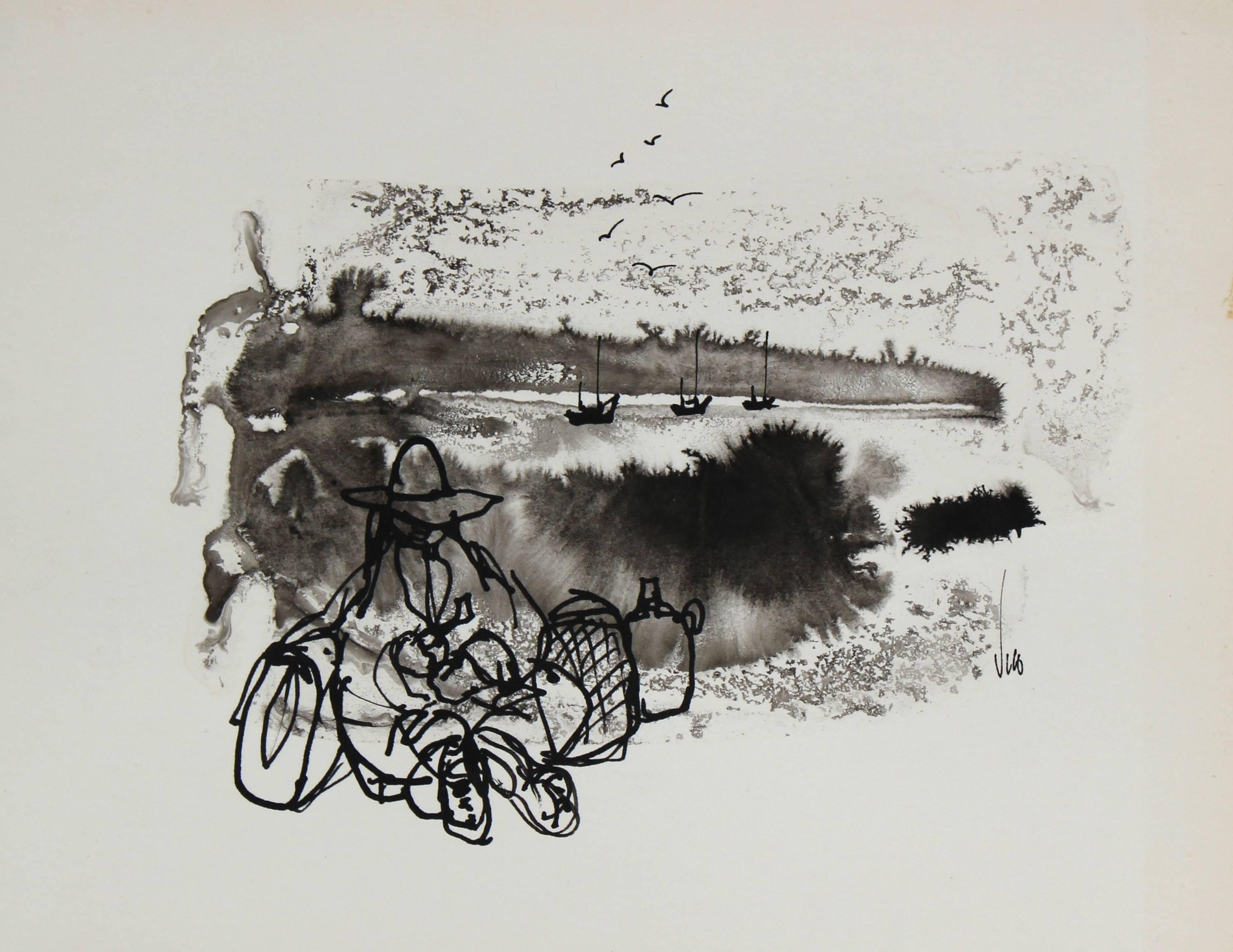 Wiveca Rubinow Landscape Art - Modernist Figure on the Coast, Ink Wash Landscape, 1960s
