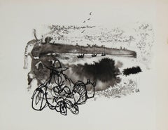 Modernist Figure on the Coast, Ink Wash Landscape, 1960s