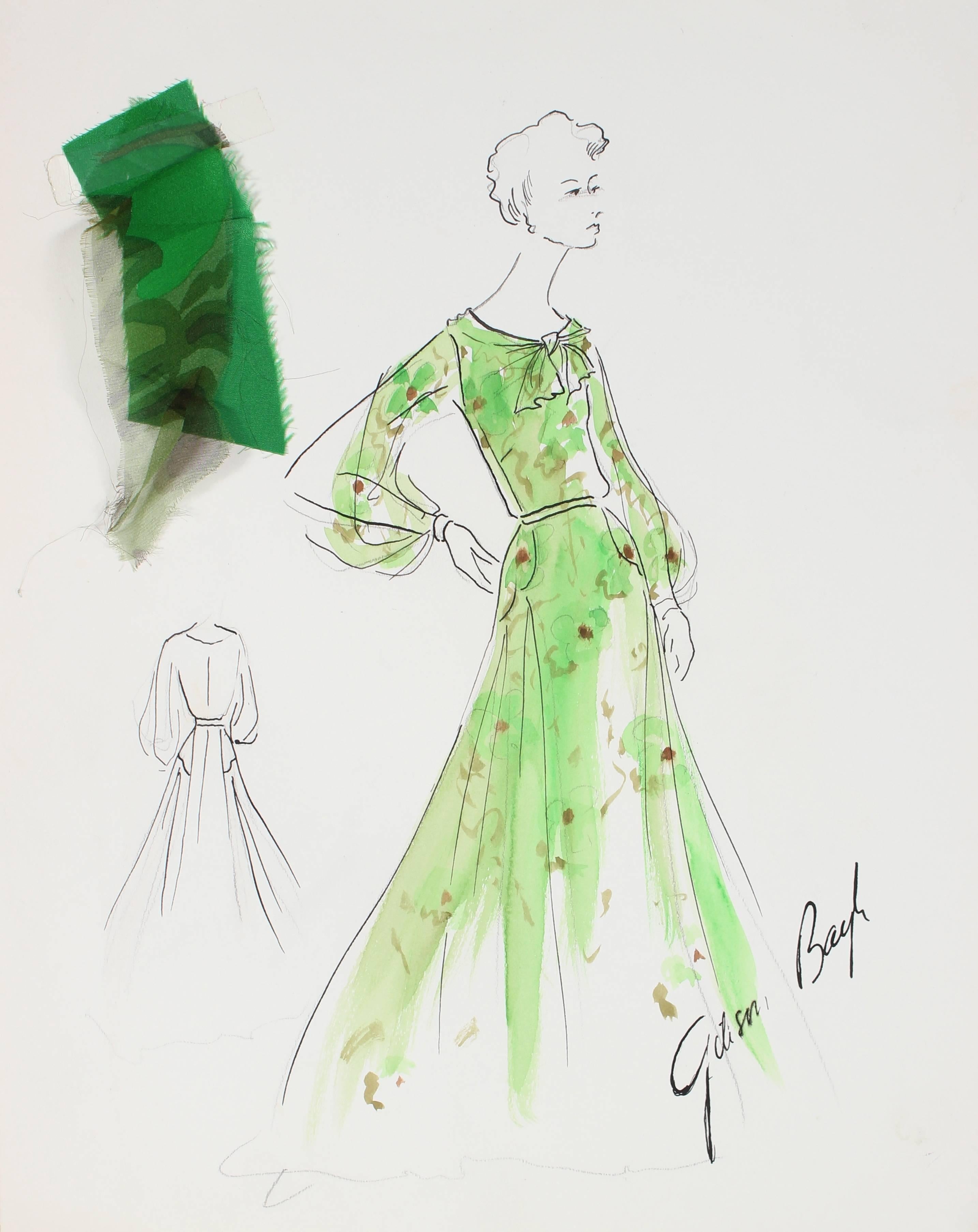 Fashion Illustration in Green, Ink and Gouache, 1950s - Art by Gibson Bayh
