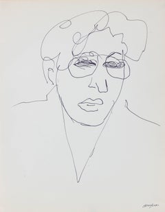 Modernist Line Drawing Portrait with Glasses, Ink on Paper, 20th Century