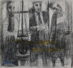 Trois figures abstraites en graphite avec bleu jaune et texte, 20e siècle