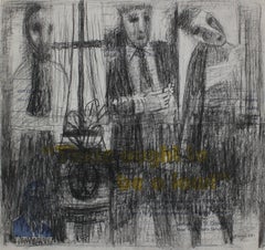 Three Abstracted Figures in Graphite with Yellow Blue and Text, 20th Century