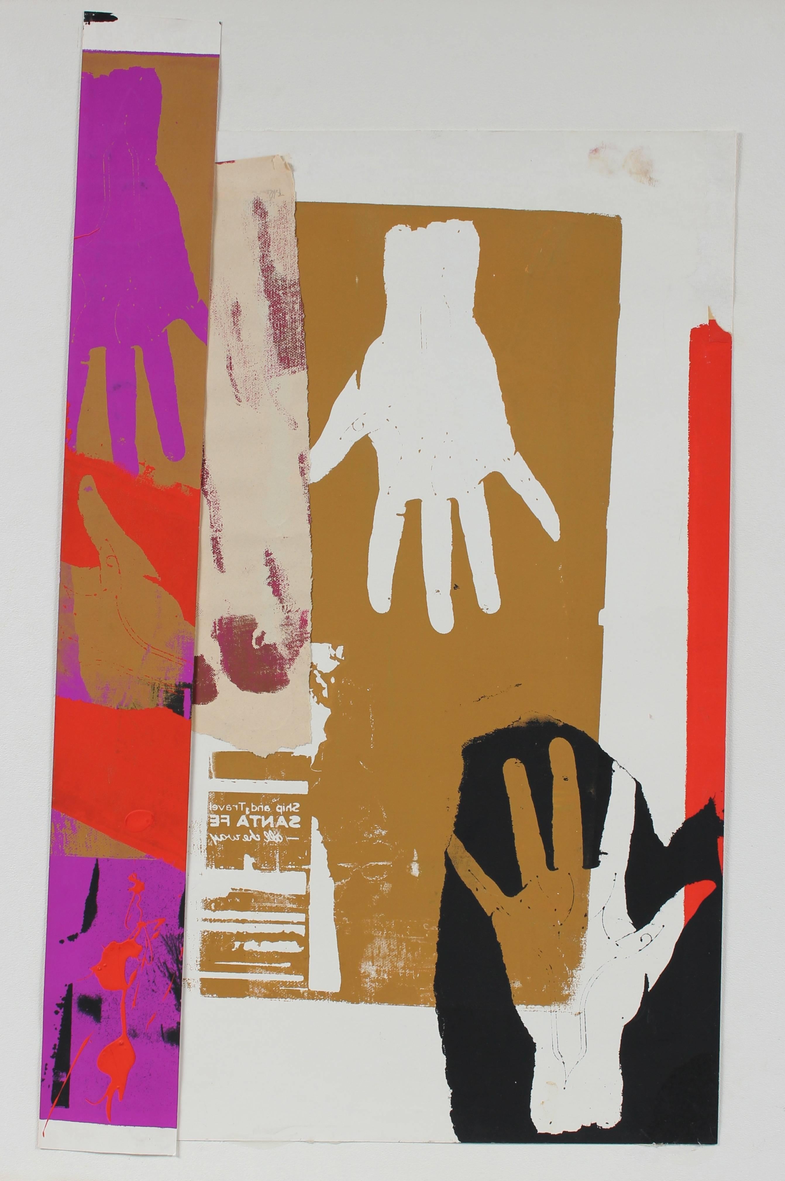 "Railroad Hands" Screen Print and Collage in Purple Red Black Tan, 20th Century - Mixed Media Art by Barbara Lewis