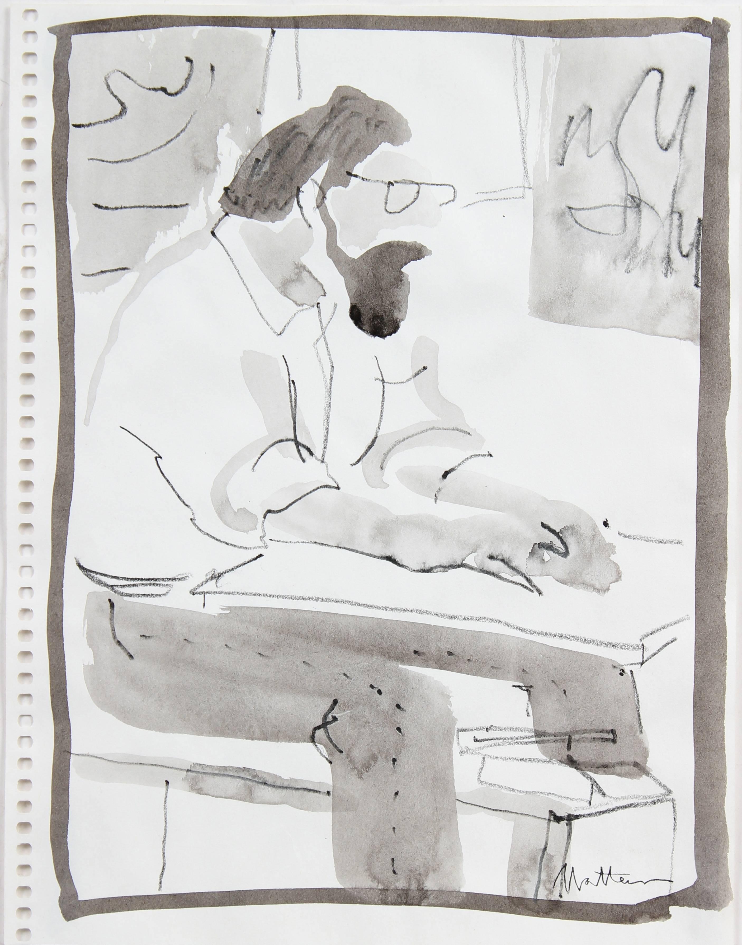 Seated Man with a Beard, Ink Wash Drawing, 20th Century