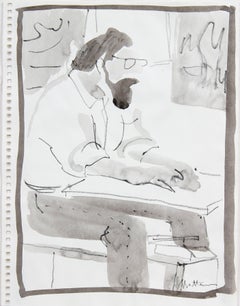 Seated Man with a Beard, Ink Wash Drawing, 20th Century